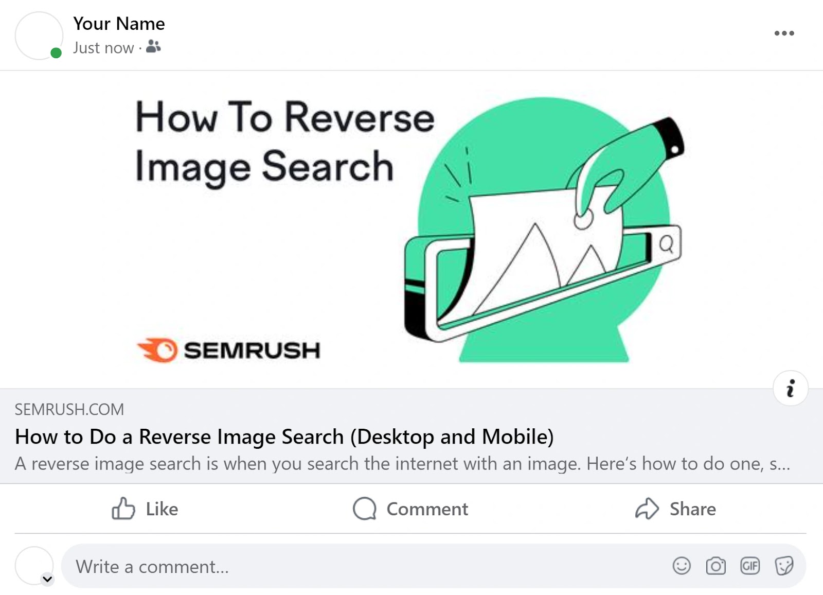 Semrush's blog post about reverse image search shared on Face书