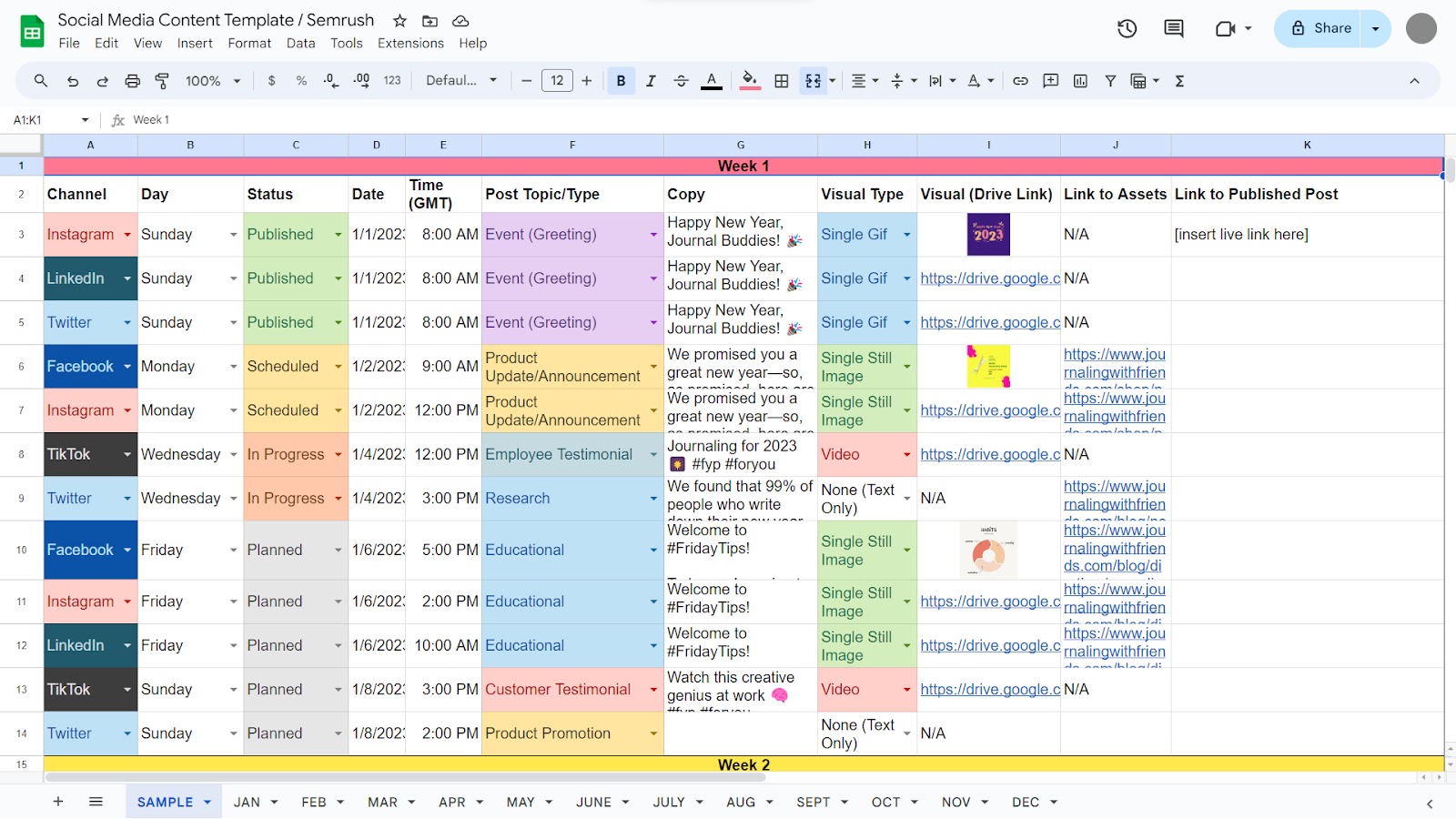 社会 media content template from Semrush