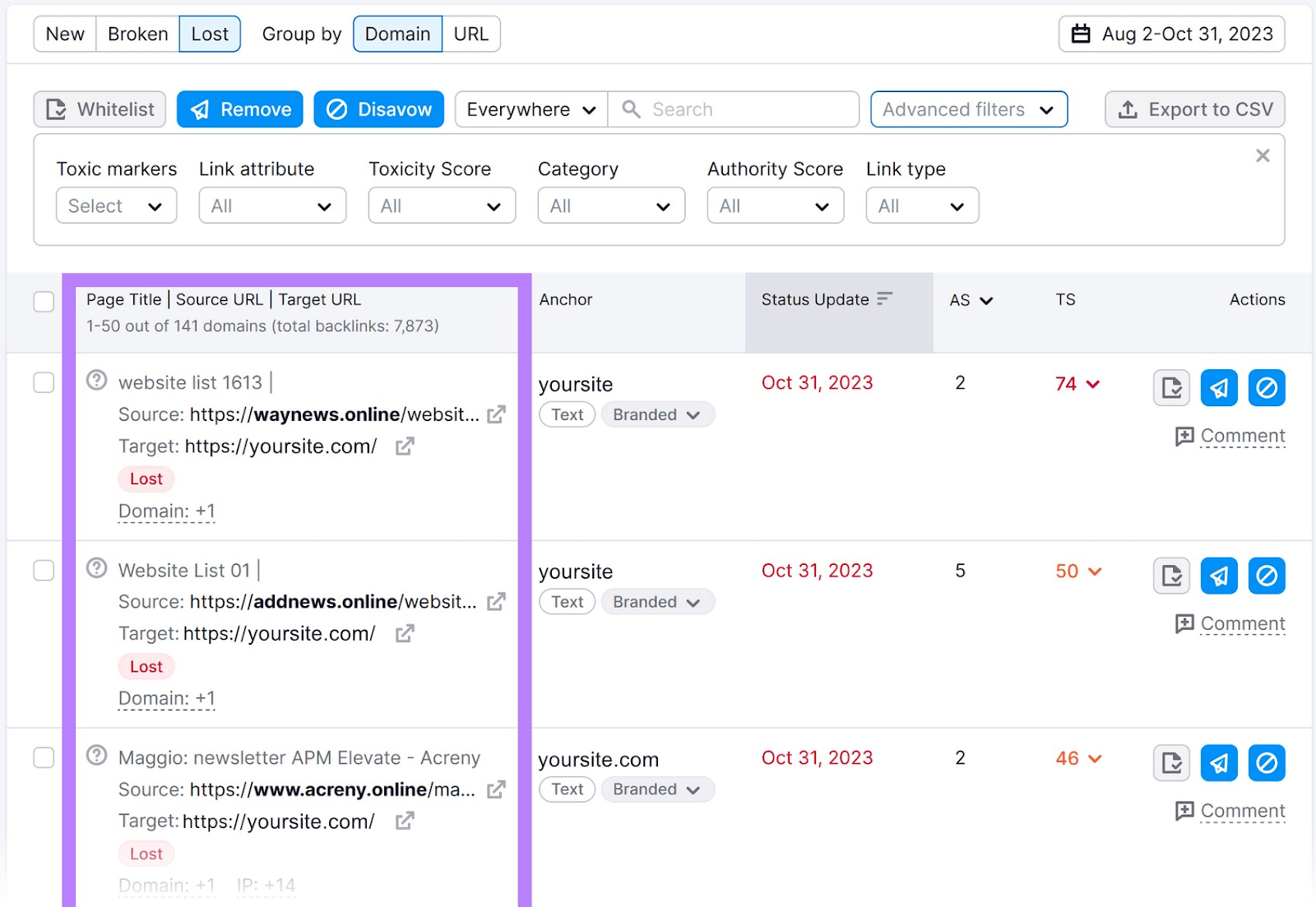 A list of lost backlinks in 反向审计 tool