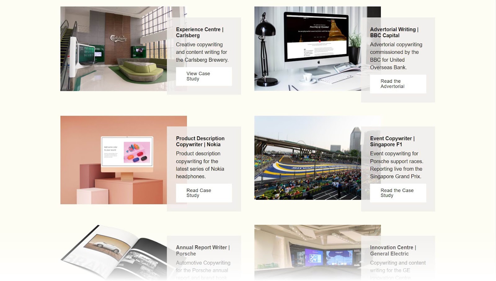 A section with previous work 例子：s in Kim Hobson's copywriting portfolio