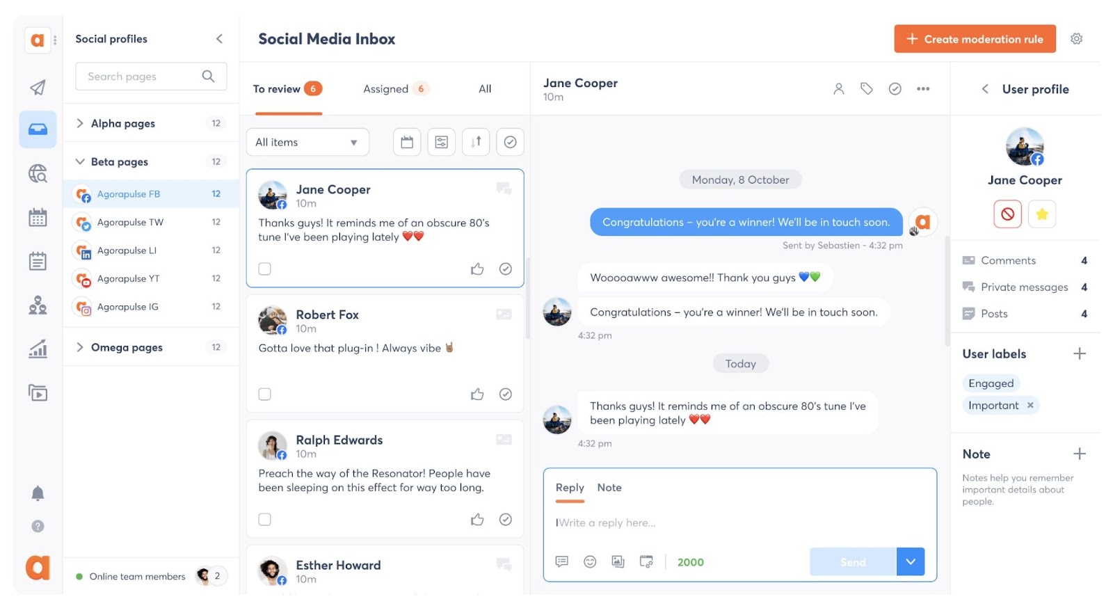 Social media inbox in 阿戈拉普尔斯 showing connected channels, messages, message threads and user profile information.