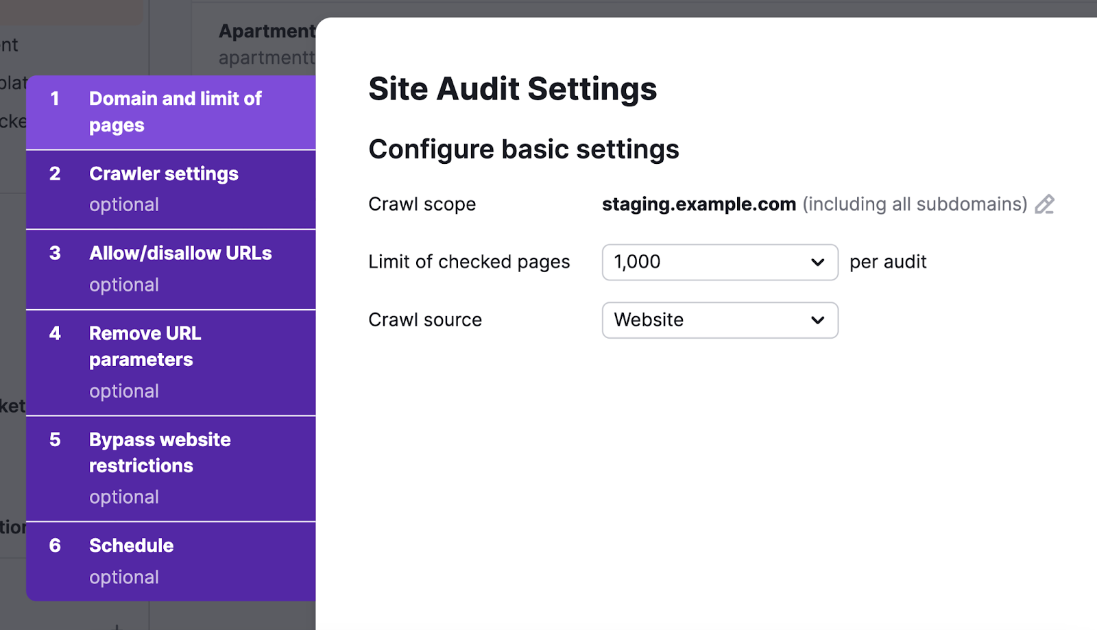 现场审核 tool basic settings, including crawl score, limit of checked pages,而crawl source