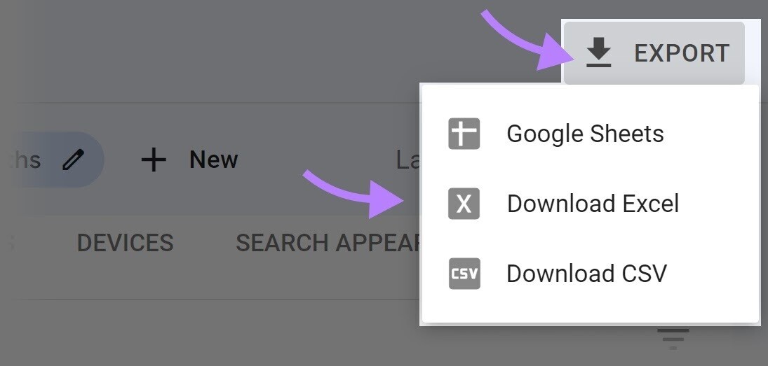 “出口” button lets you open your data in Google Sheets, or download Excel or CSV file