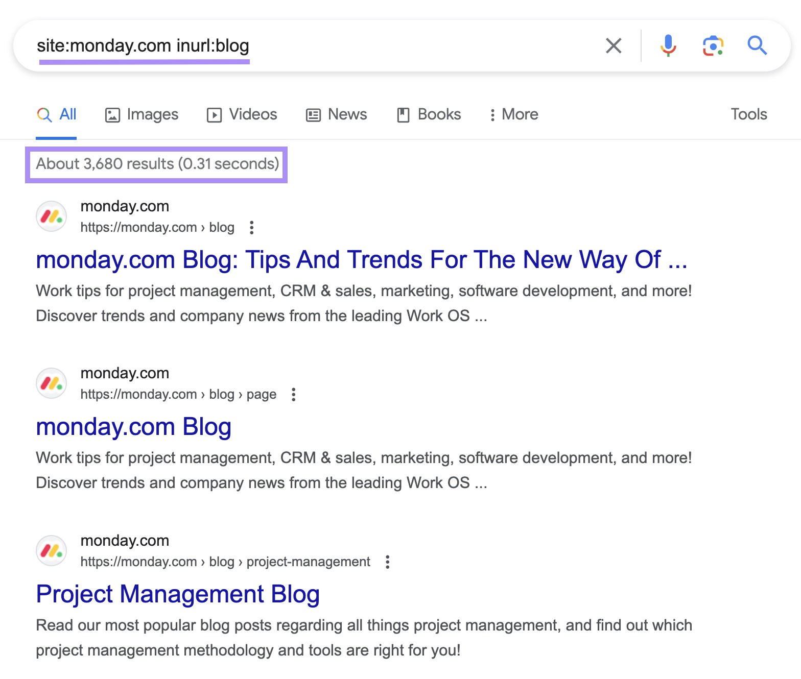 Google's SERP for “网站:monday.com 伊努尔:博客” search query