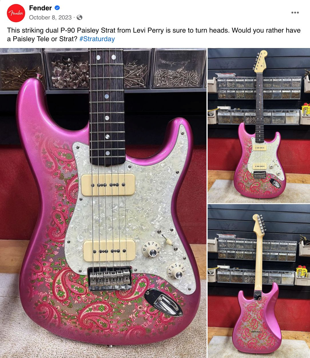 Fender's guitar Facebook post with #Straturday 标签