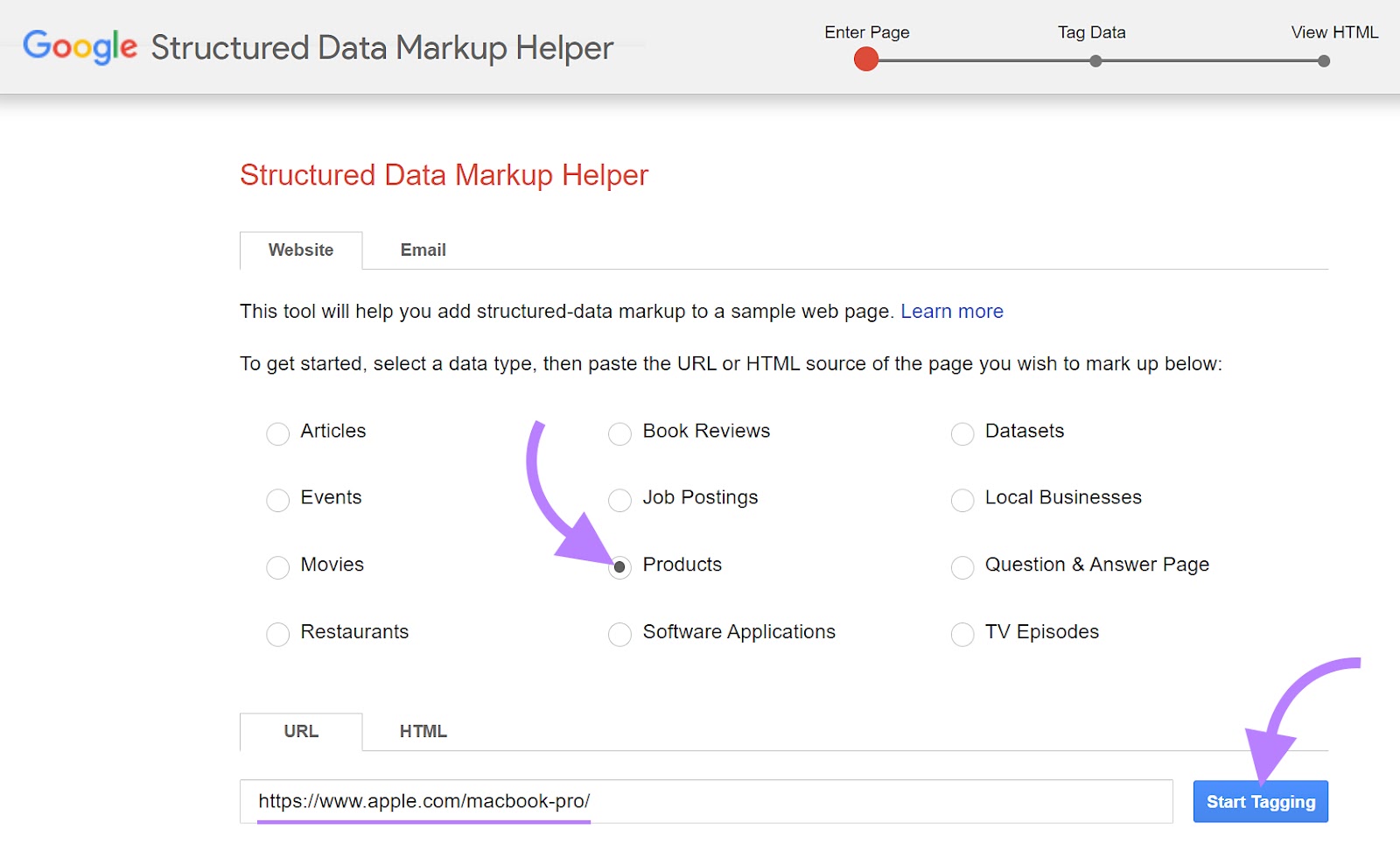 Google 结构化数据标记助手 with the “Products” option selected and the Apple Macbook Pro URL in the search bar.
