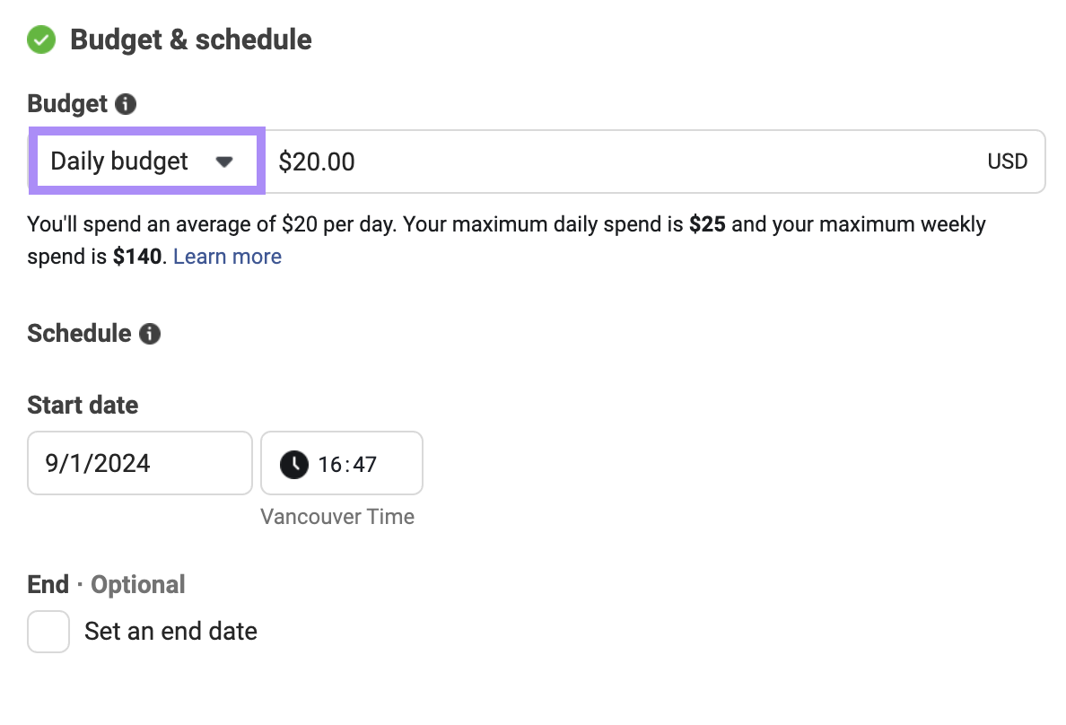 Setting a daily budget in 广告经理 under 