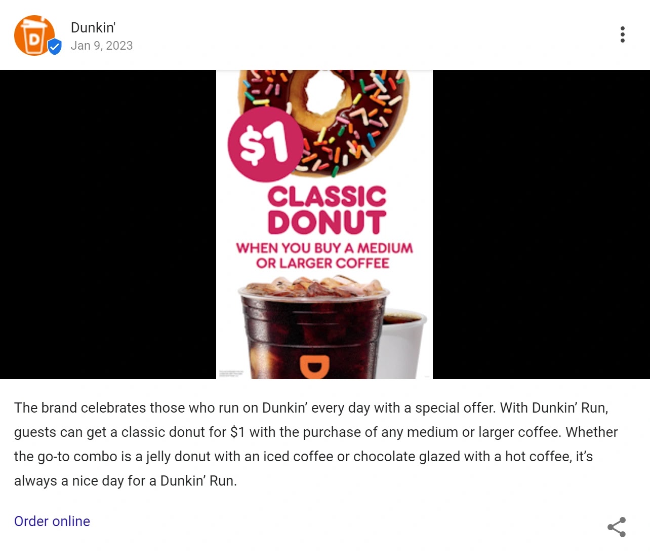 Dunkin' Donuts' 谷歌业务简介 post announcing a special $1 donut offer