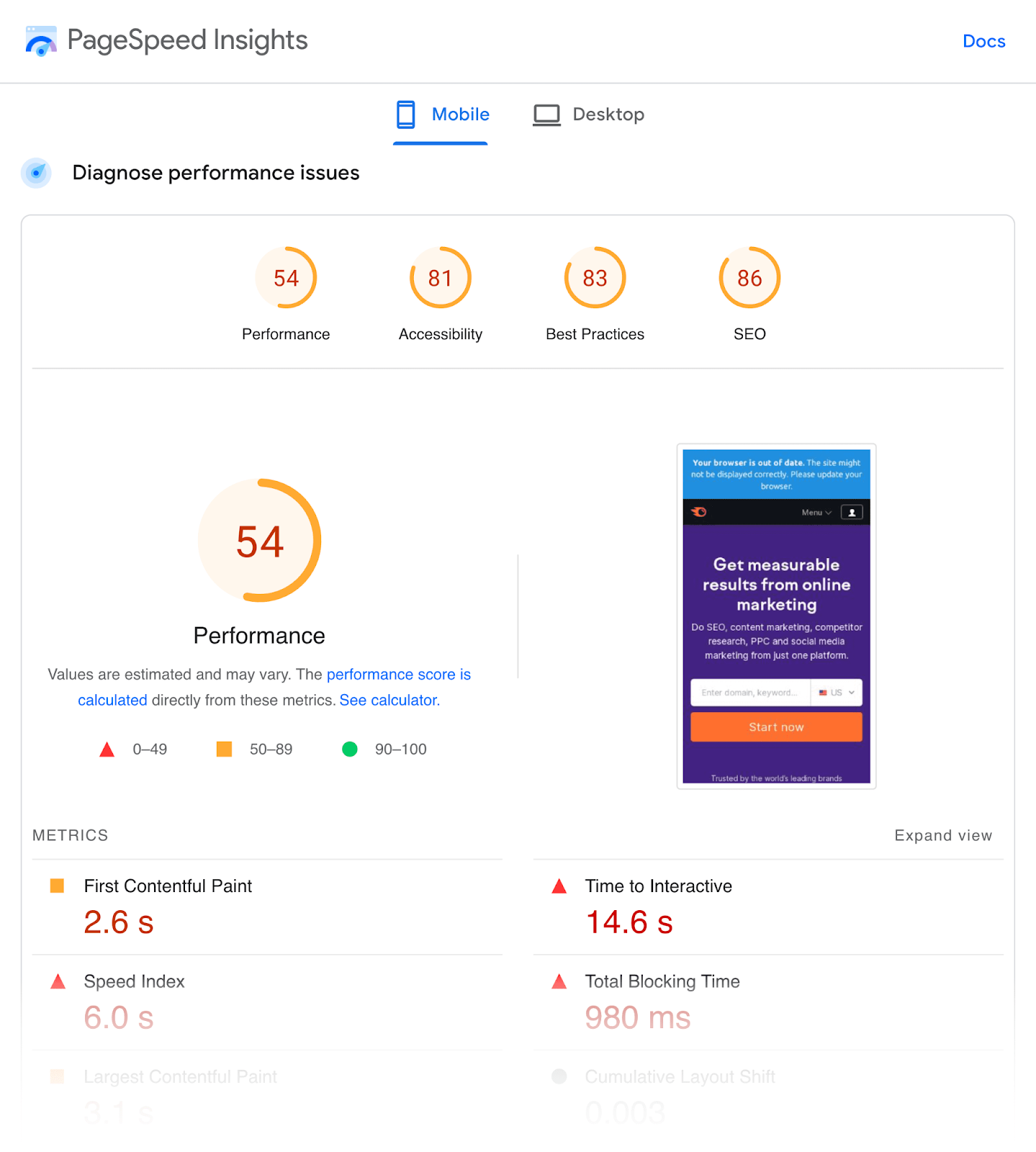 PageSpeed洞察' 流动电话 performance dashboard