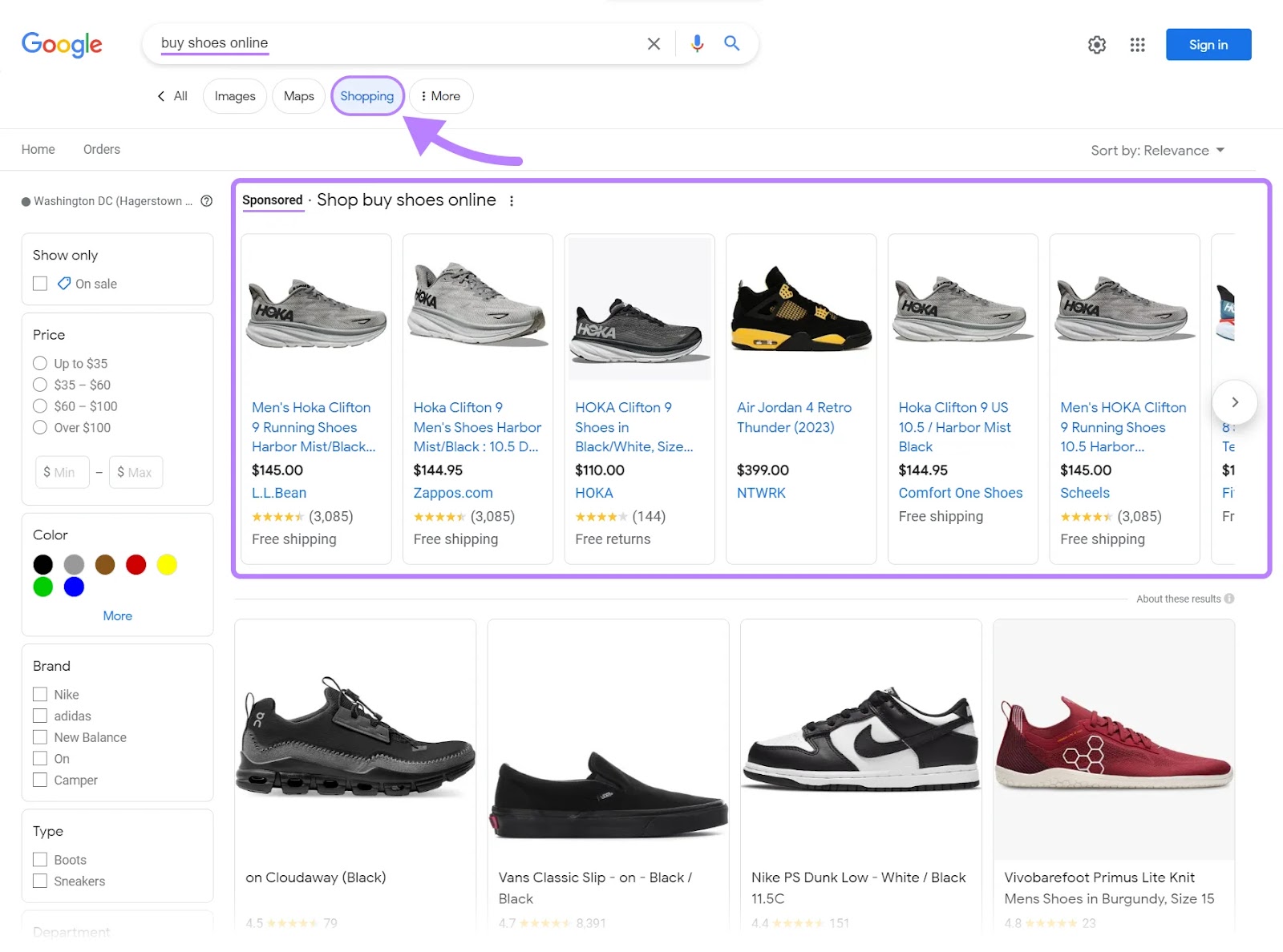 Google's “购物” tab for