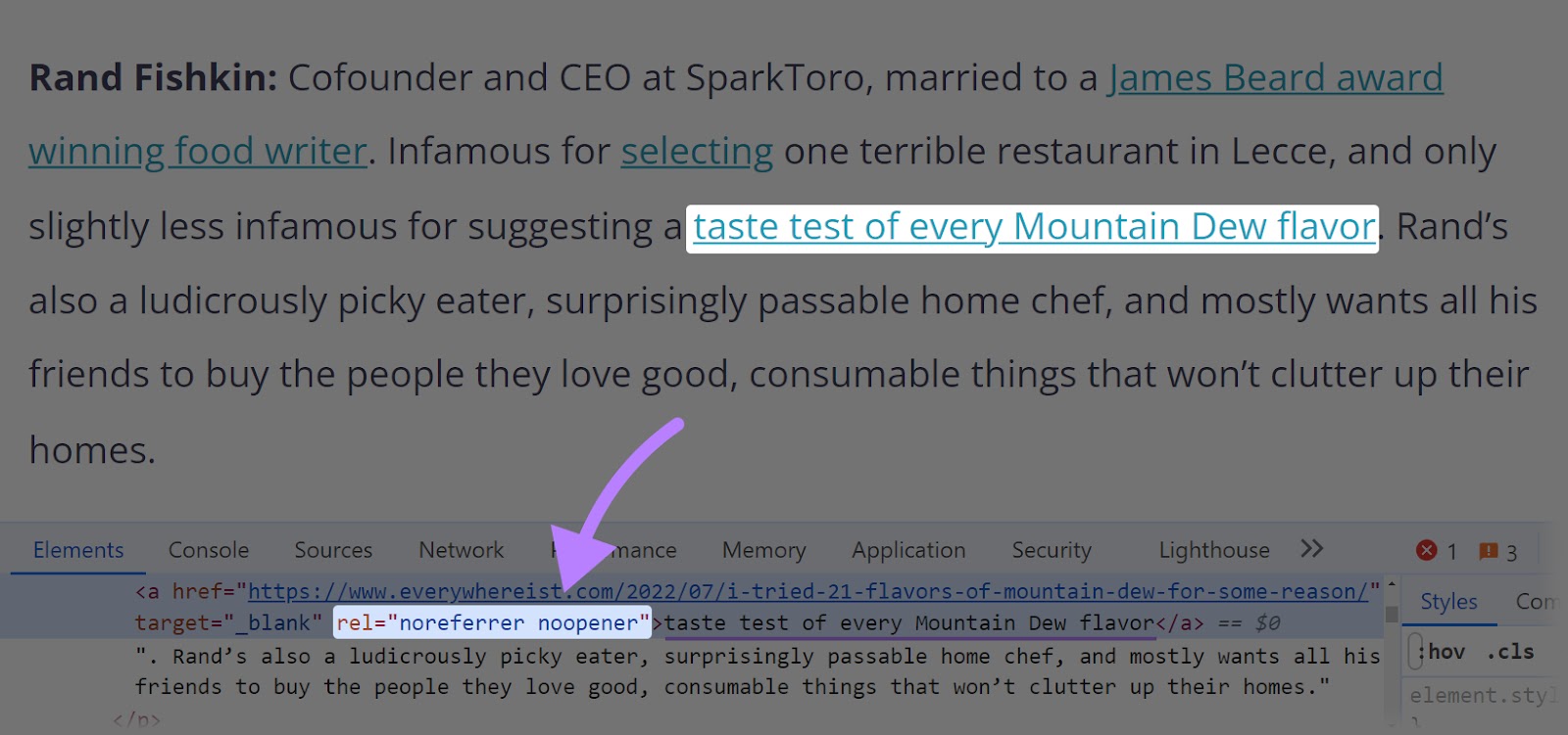 该above link on the SparkToro blog has a “rel” attribute of “noreferrer noopener