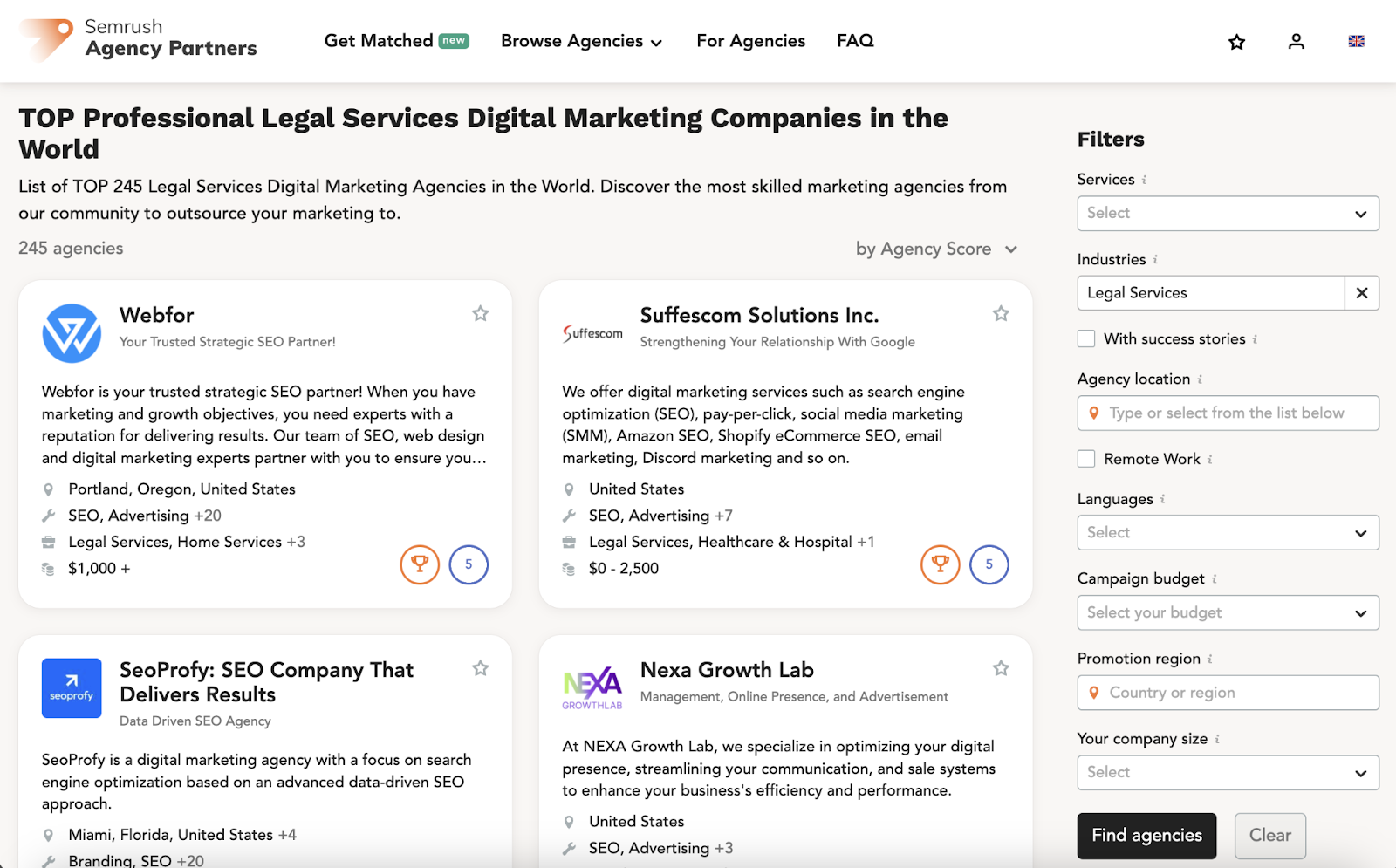 Semrush Agency Partners' page showing 