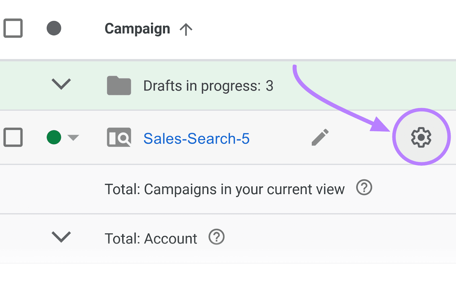 设置 icon next to a campaign in Google Ads