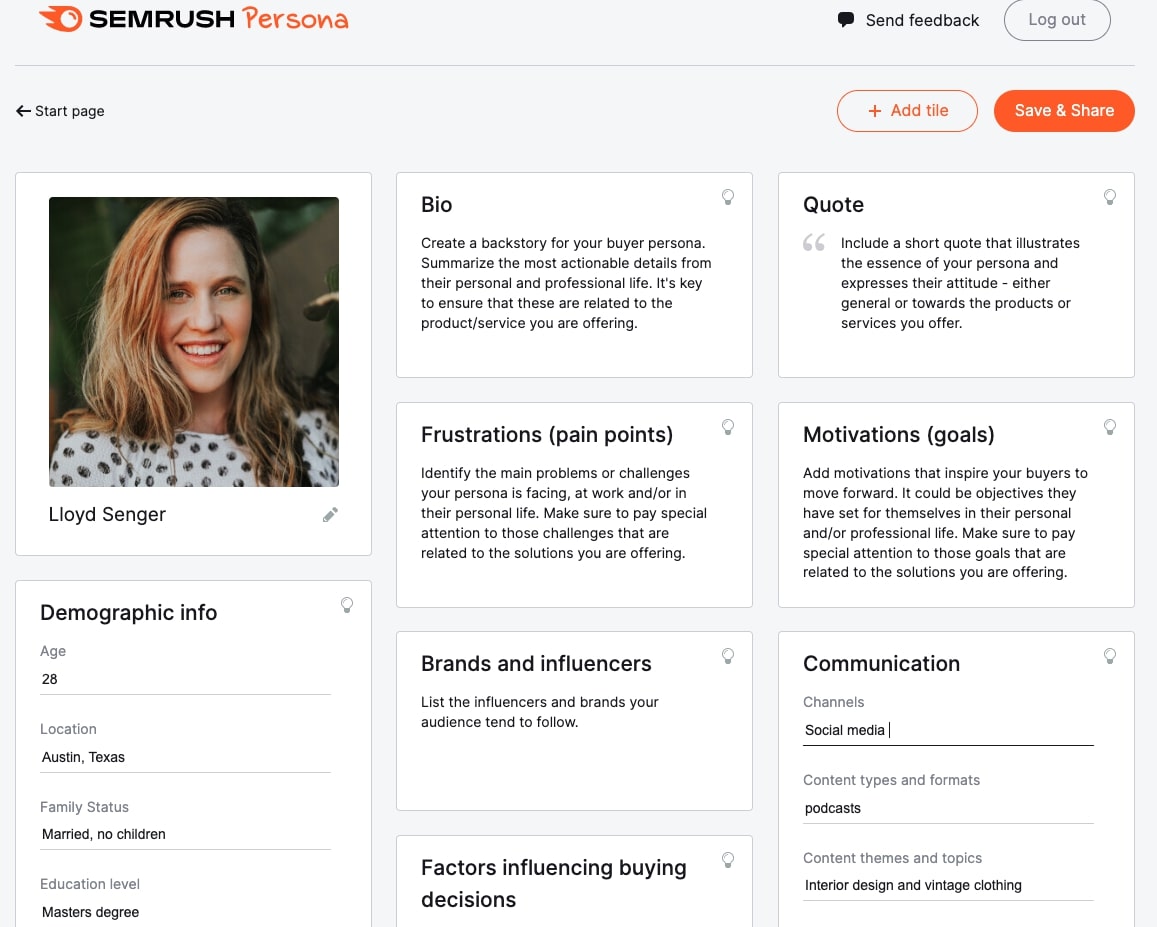 An example of a 买方角色 build in Semrush Persona Tool