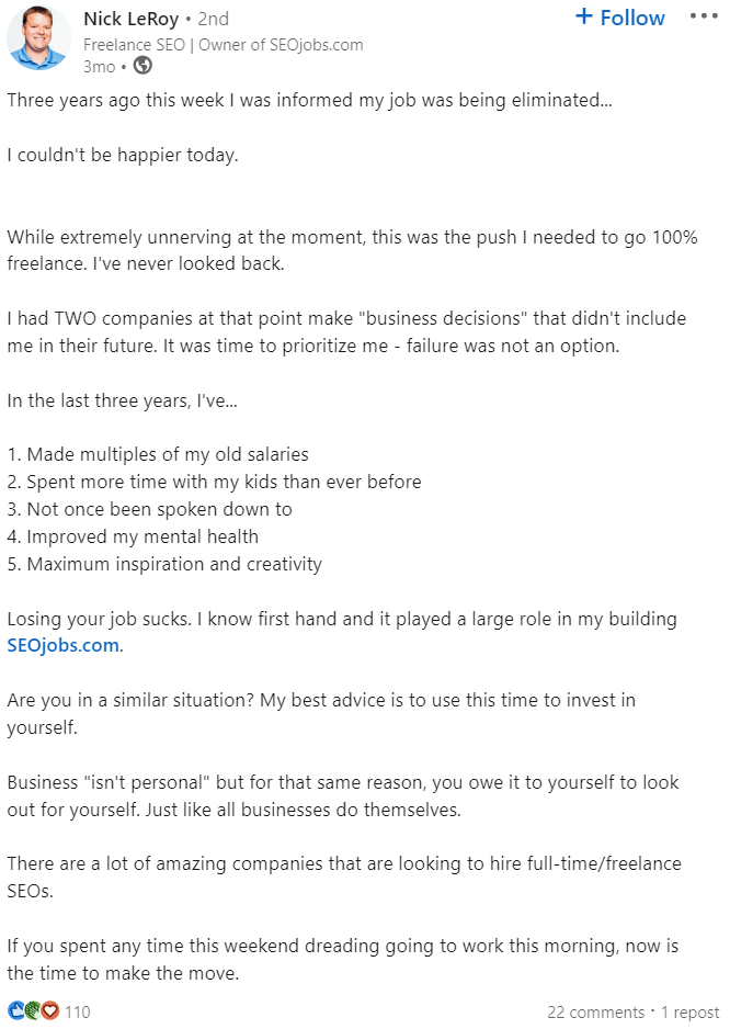 a LinkedIn帖子 from SEO expert Nick LeRoy that talks about becoming SEO freelancer