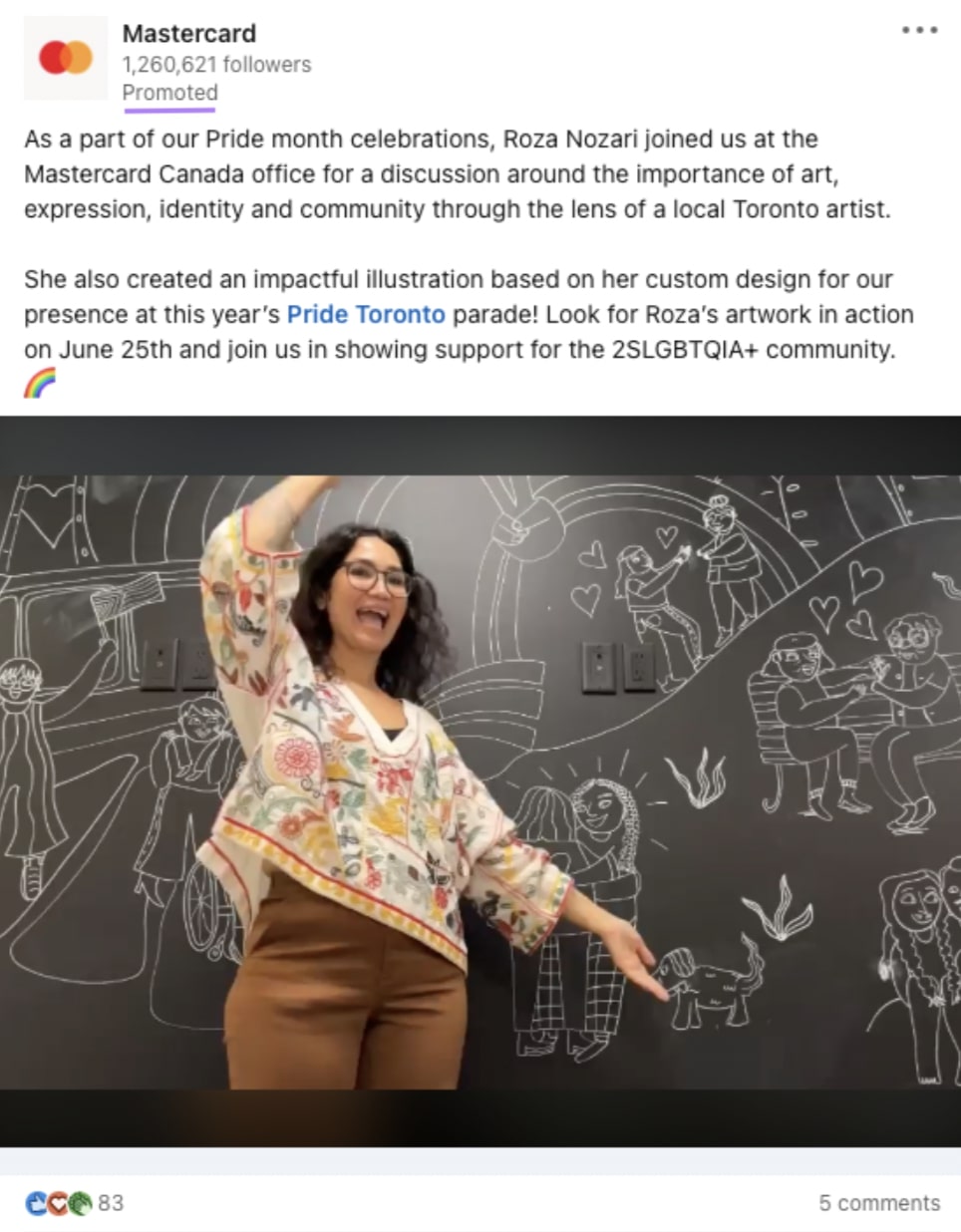 领英 Pride month sponsored post from Mastercard with a woman in front of a chalkboard