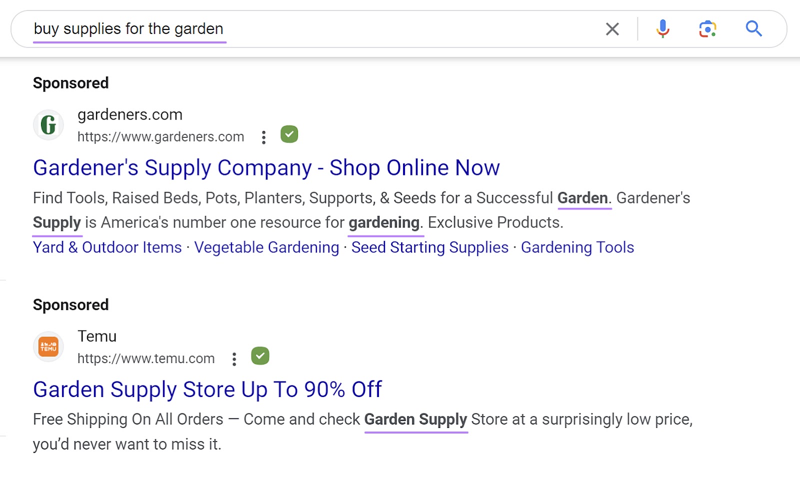 谷歌 ads showing for the “buy supplies for the garden