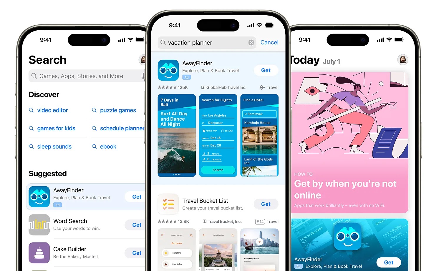 苹果's example of multiple places where AwayFinder's app ad appears