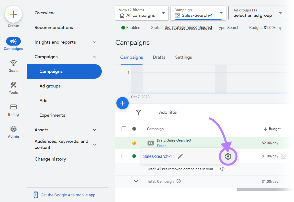 “设置”icon beside the campaign name in Google Ads