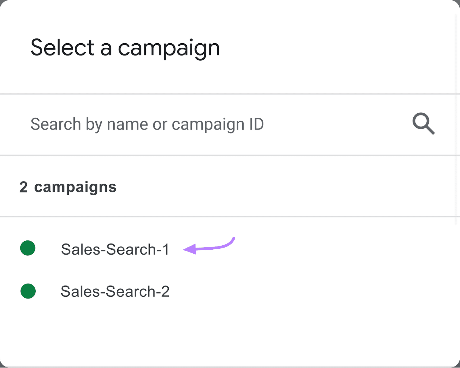 谷歌广告 screen for selecting a campaign, with 2 listed campaigns, the 