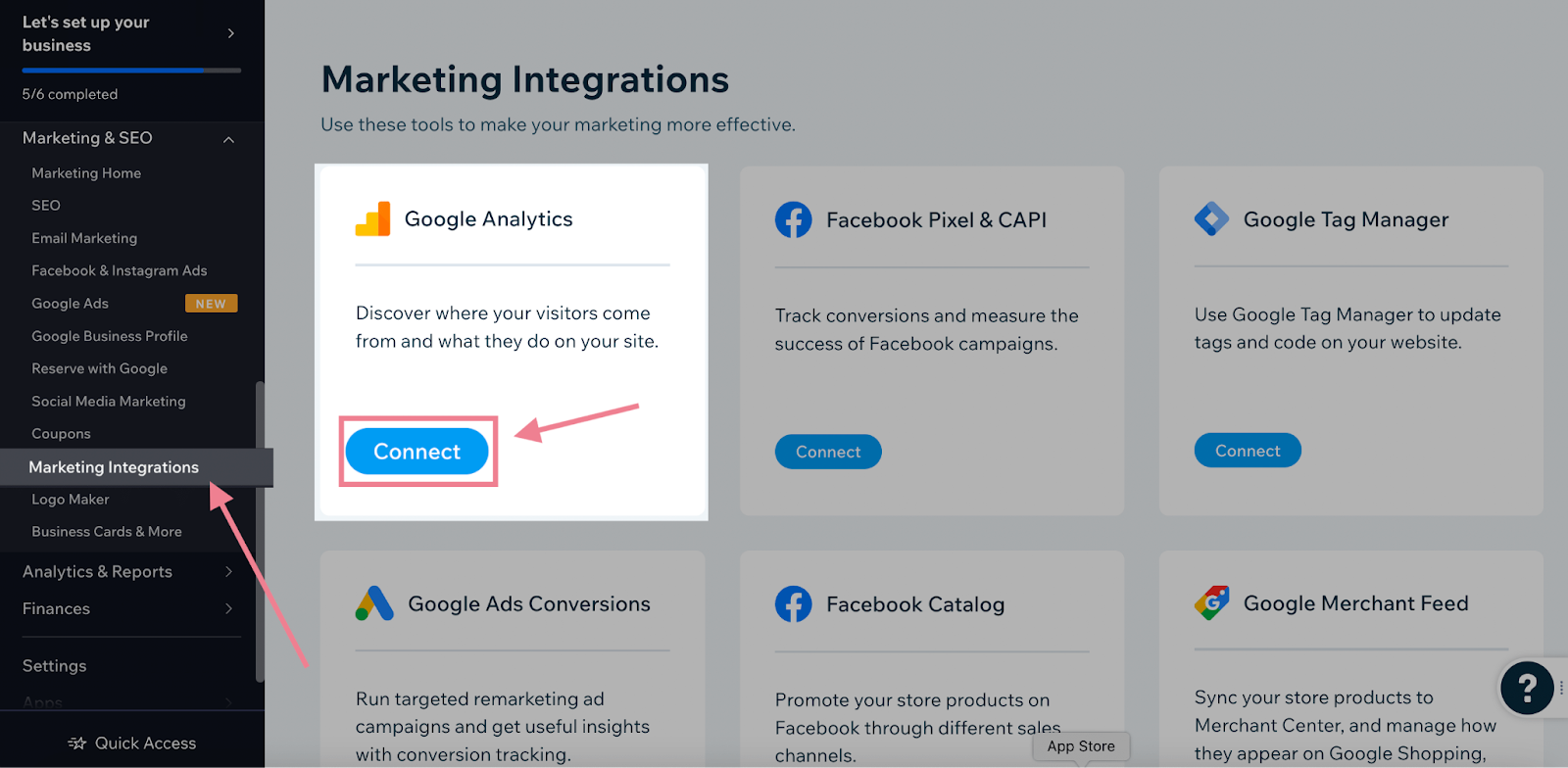 连接 Google Analytics under 市场整合 page in Wix