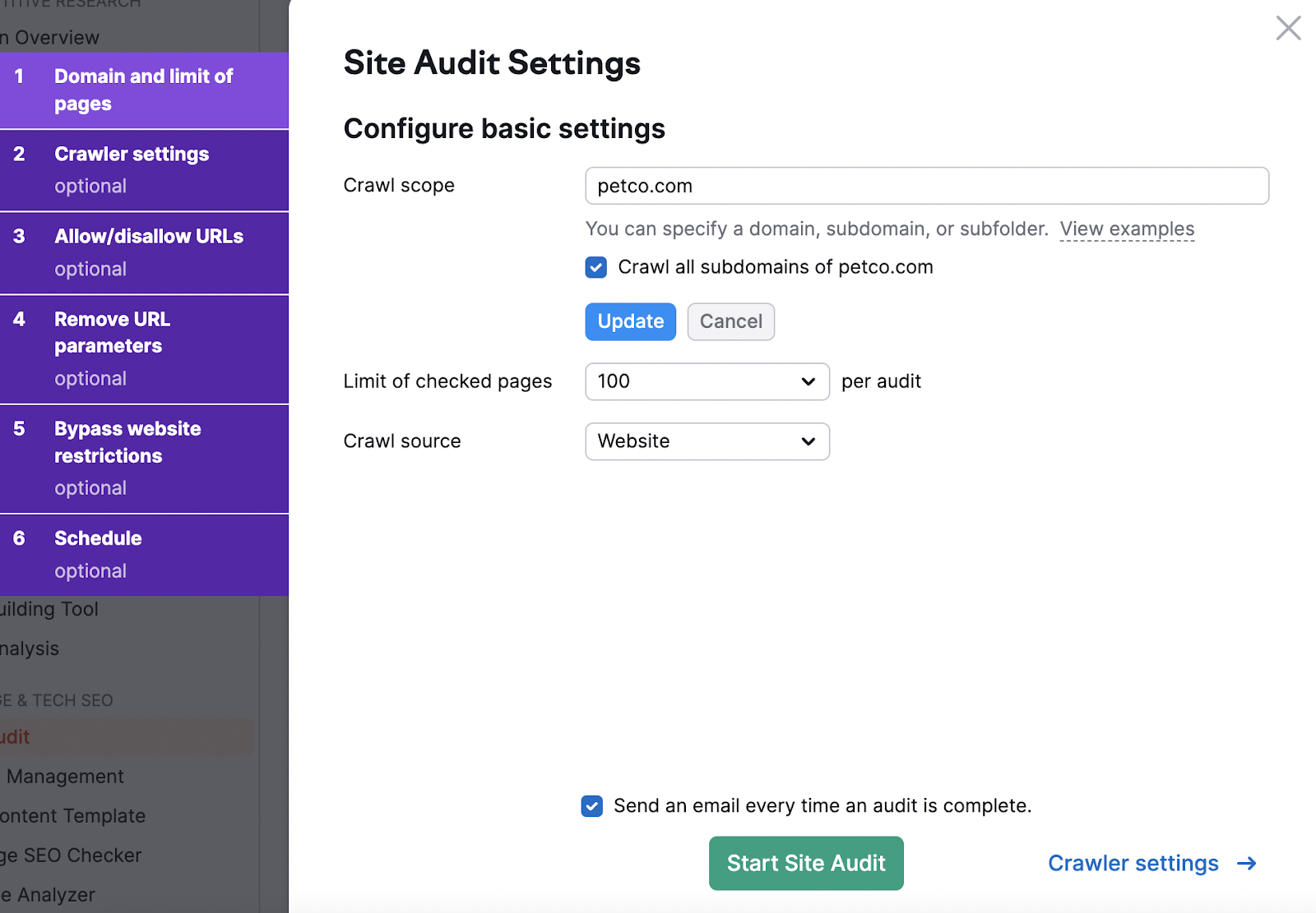 Setting crawl settings to the entire domain