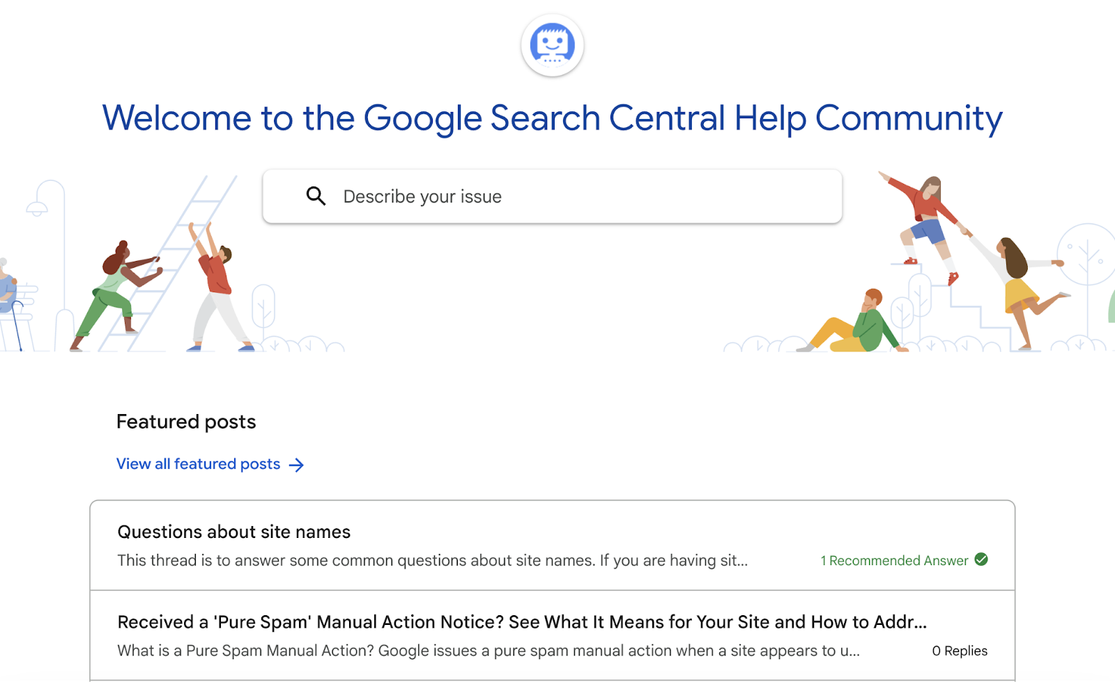Google搜索中心帮助社区 homepage with search bar和featured posts.
