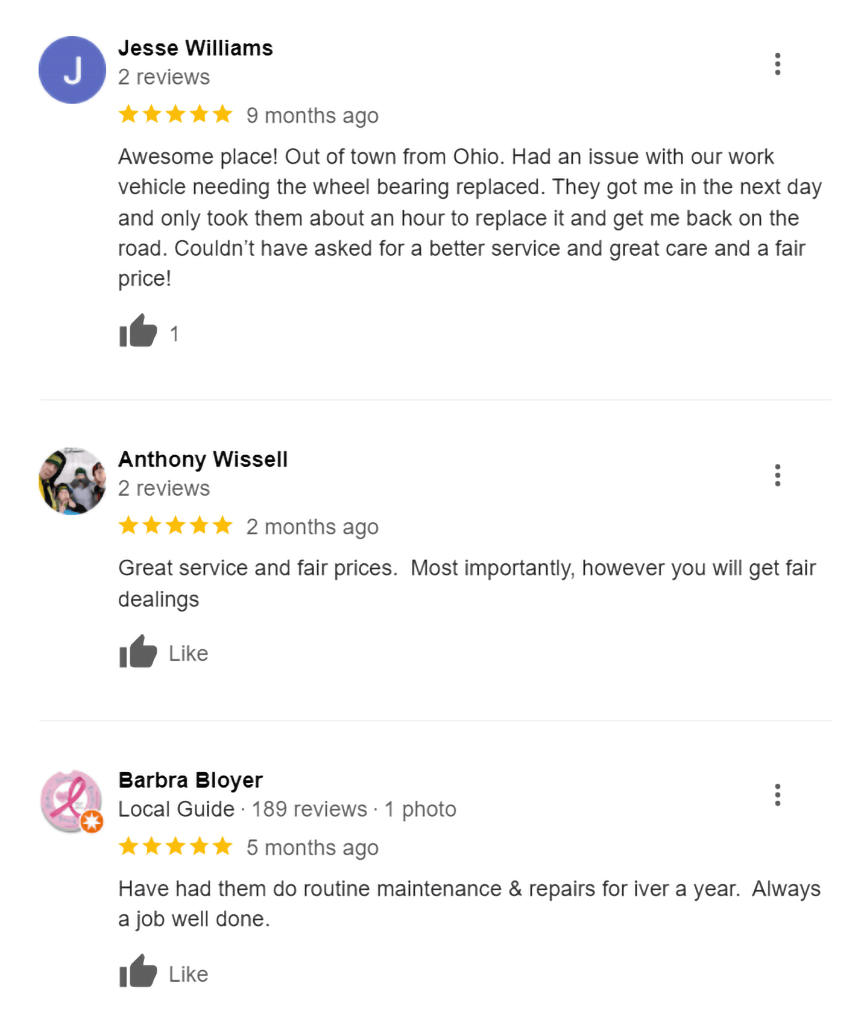 An example of positive 谷歌 reviews for an auto repair shop