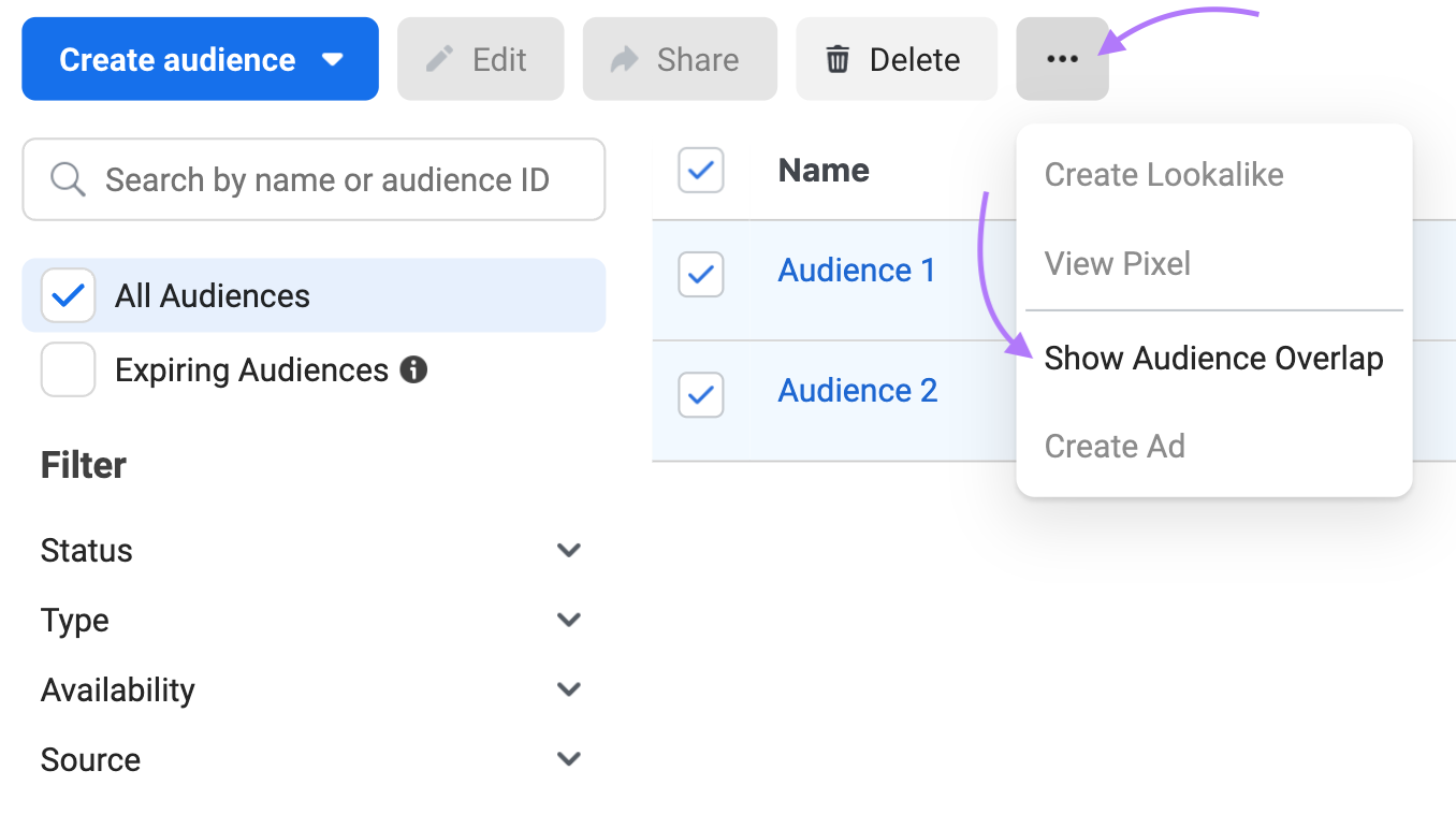 Drop-down menu with “显示观众重叠” option