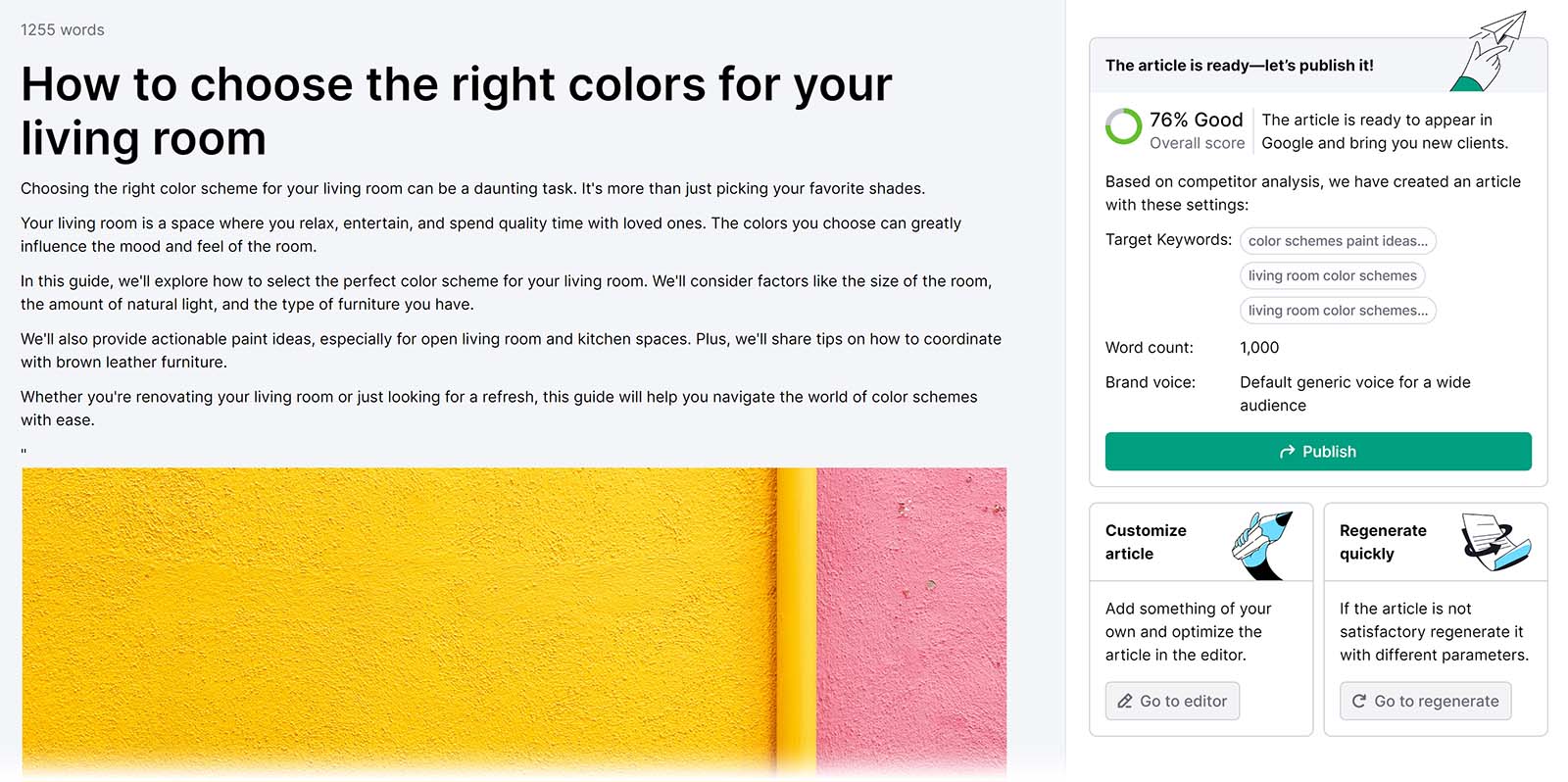 Semrush Ai内容 generated article dashboard showing options to publish, edit, and regenerate article