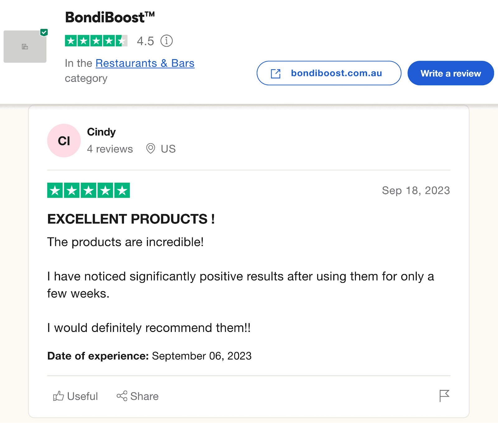 Trustpilot business listing shows Trust Score and individual customer评论。
