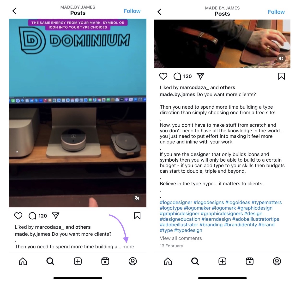 Instagram post on the feed with the truncated caption on the left and the complete caption on the right after clicking 