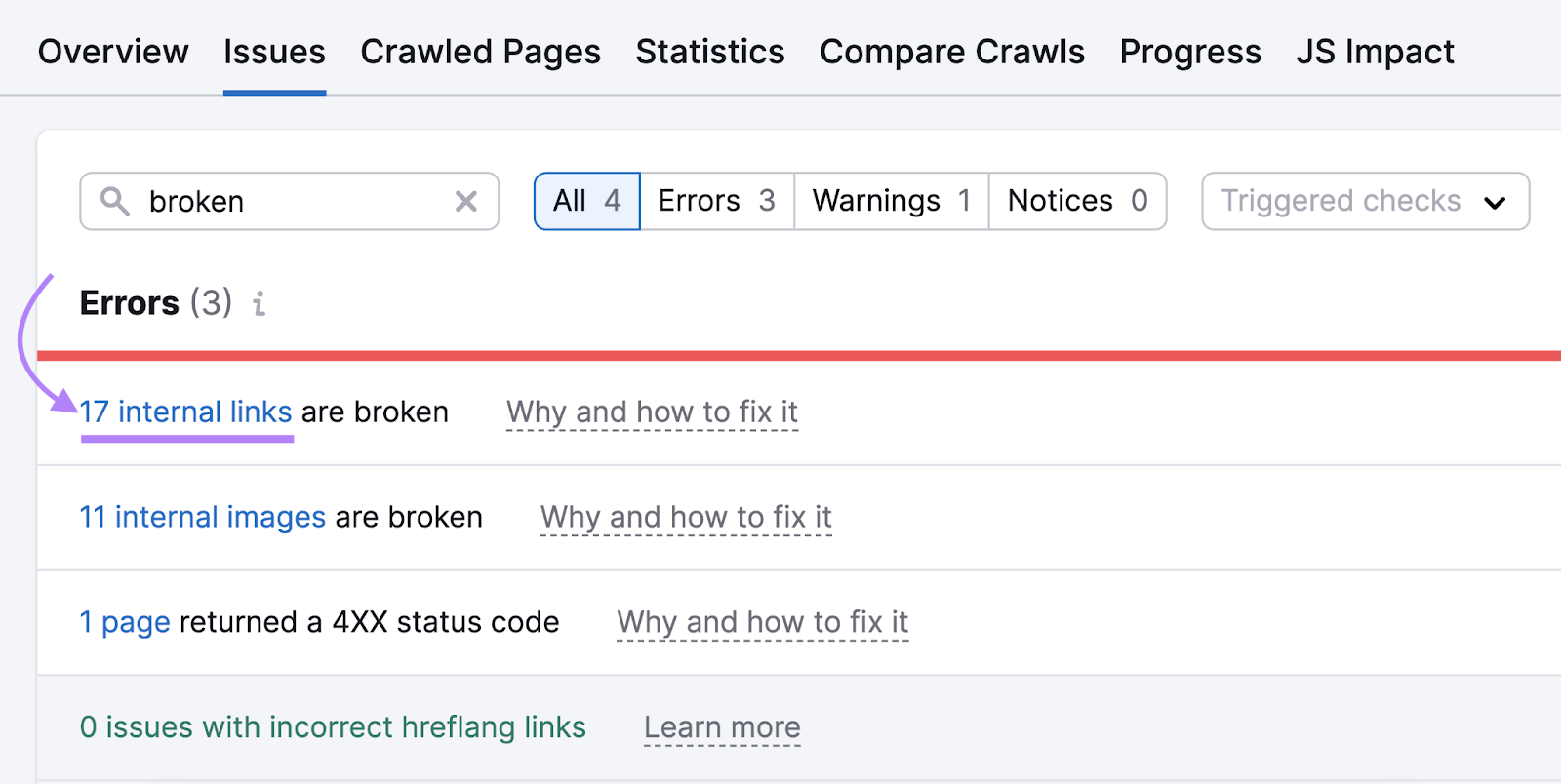 list of broken link issues such as 17 internal broken links, 11 broken internal images,和1 4XX status code