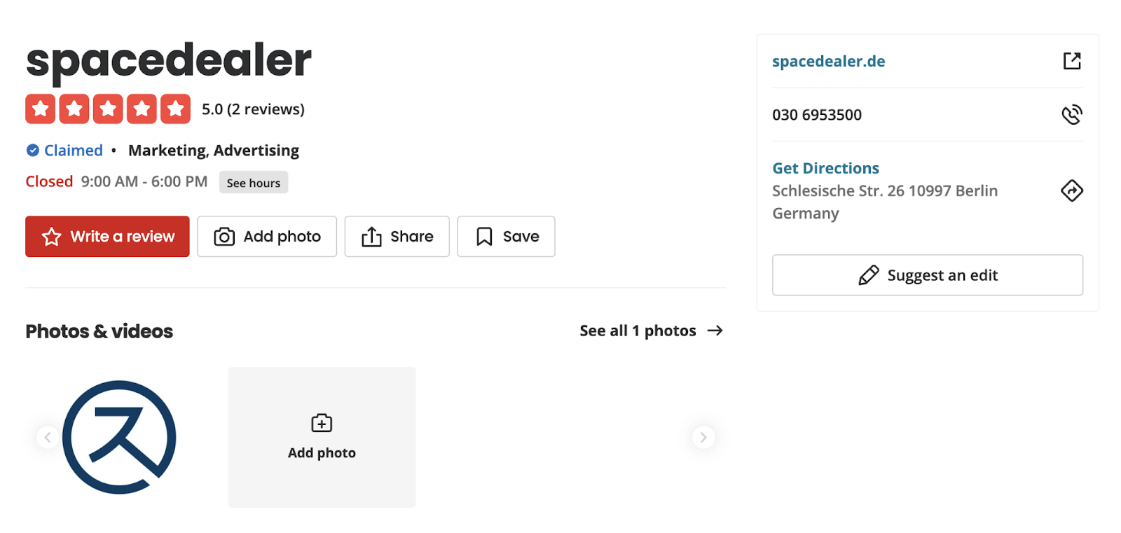A local business is listed in Yelp的 with five stars, two reviews, the business logo, phone number, and website link.