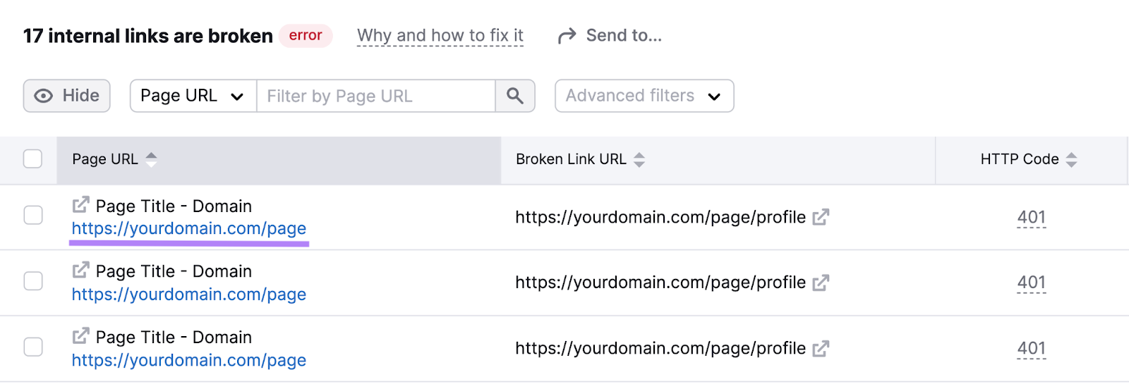 list of page URLs和the broken link URL