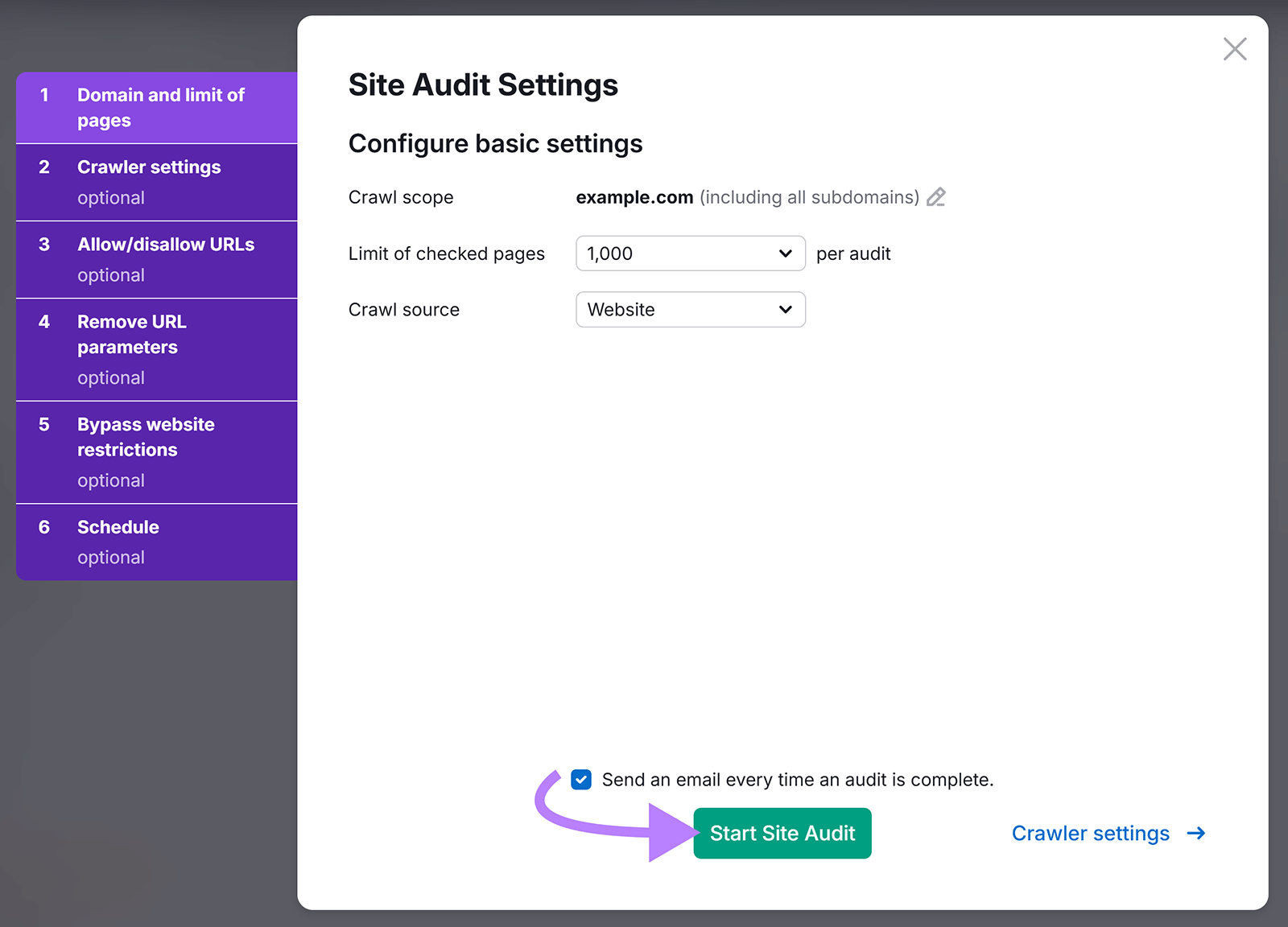 现场审核 Settings popup with arrow pointing to 开始现场审核 button