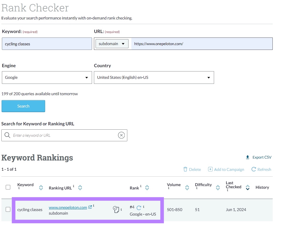 Rank Checker on Moz专业 showing a keyword along with its rank, ranking URL, volume, difficulty, etc.