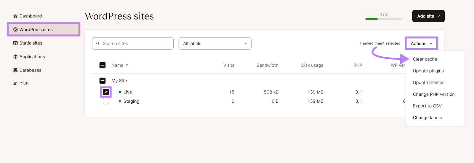 WordPress网站 in Kinsta dashboard selected with 行动 menu expanded and 清除缓存 highlighted.