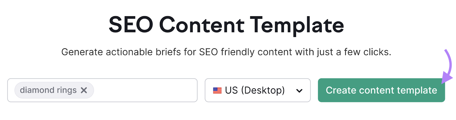 'diamond rings' entered in Semrush SEO内容模板 search bar with 'US (Desktop)' selected