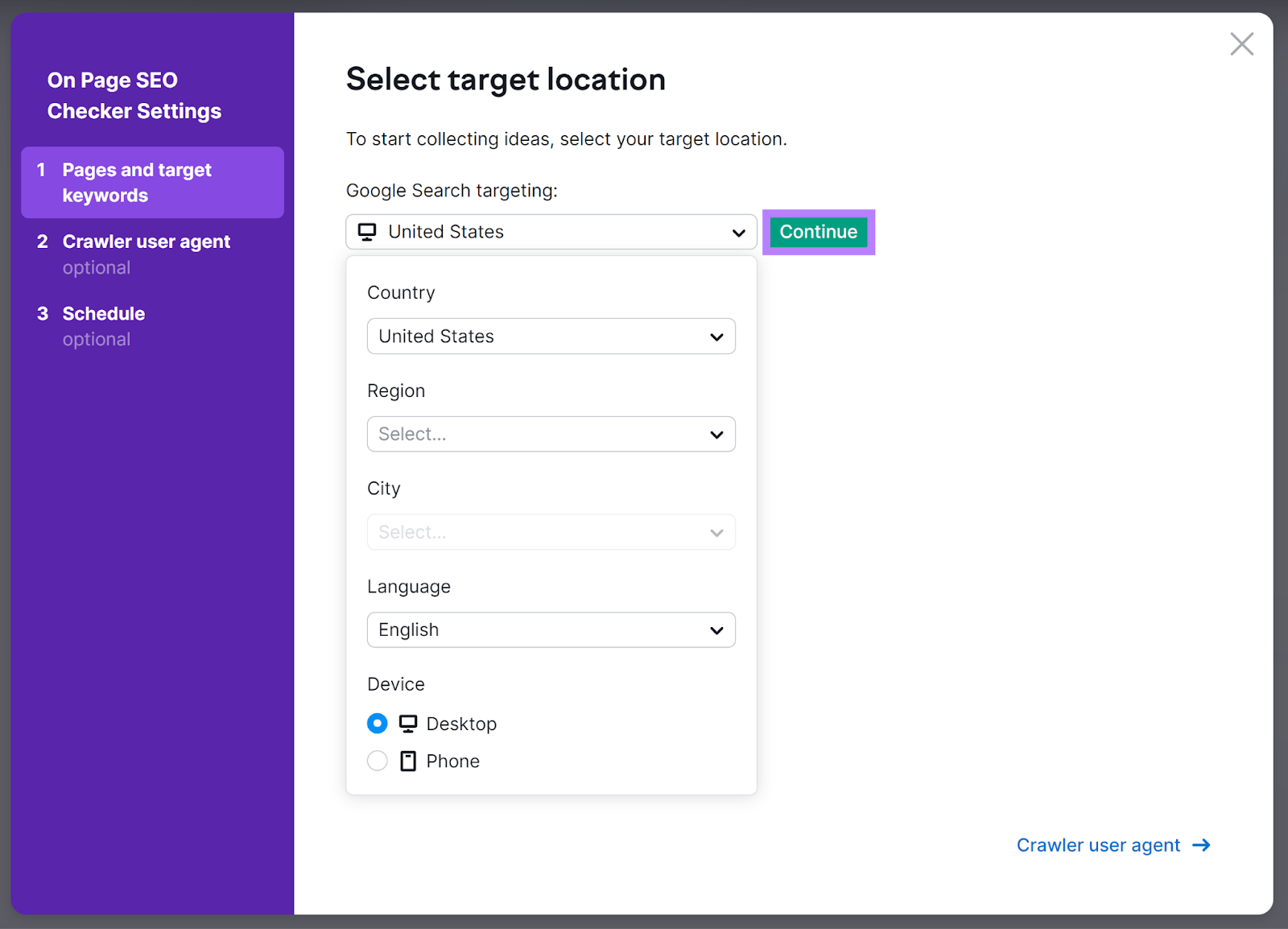 Select target location popup showing location dropdown和继续 button highlighted