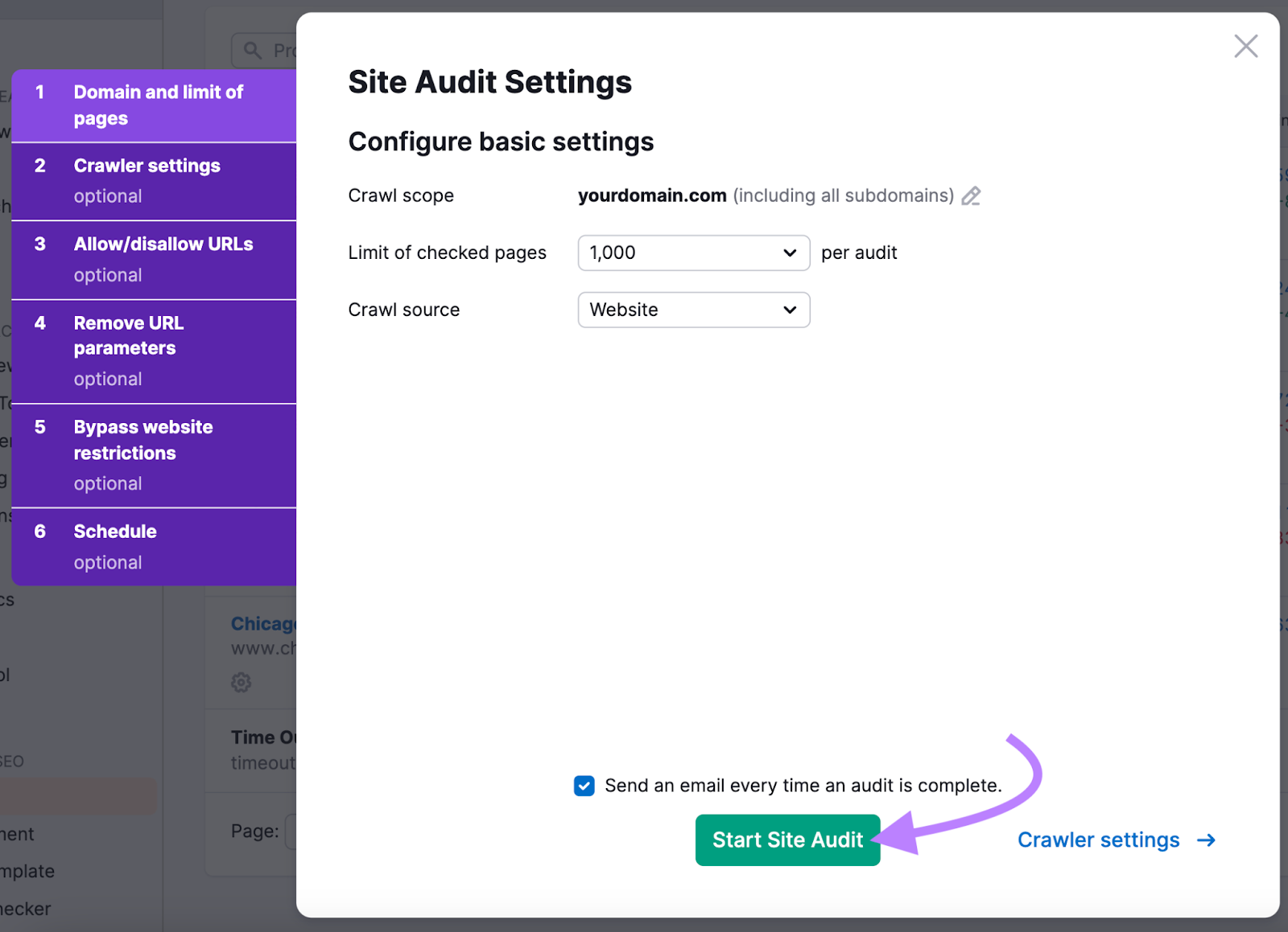 现场审核 Settings on Semrush with 