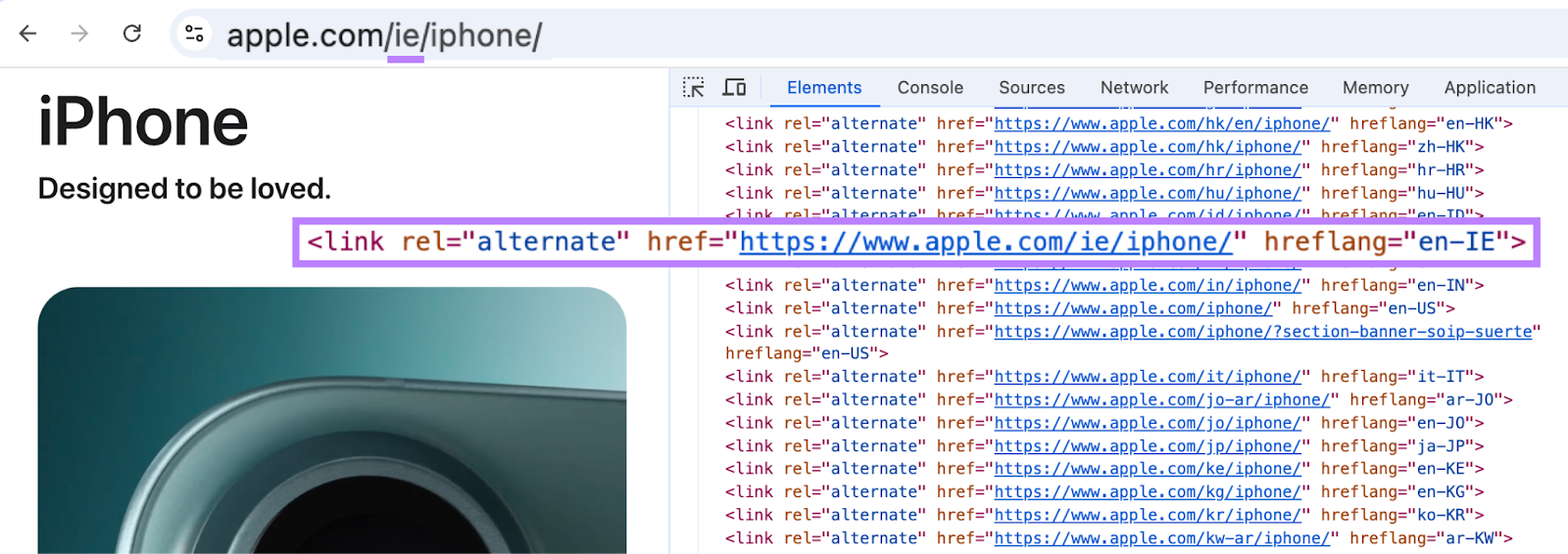 In the source code, the hreflang attribute shows the Irel和 URL和the hreflang 价值 en-ie.