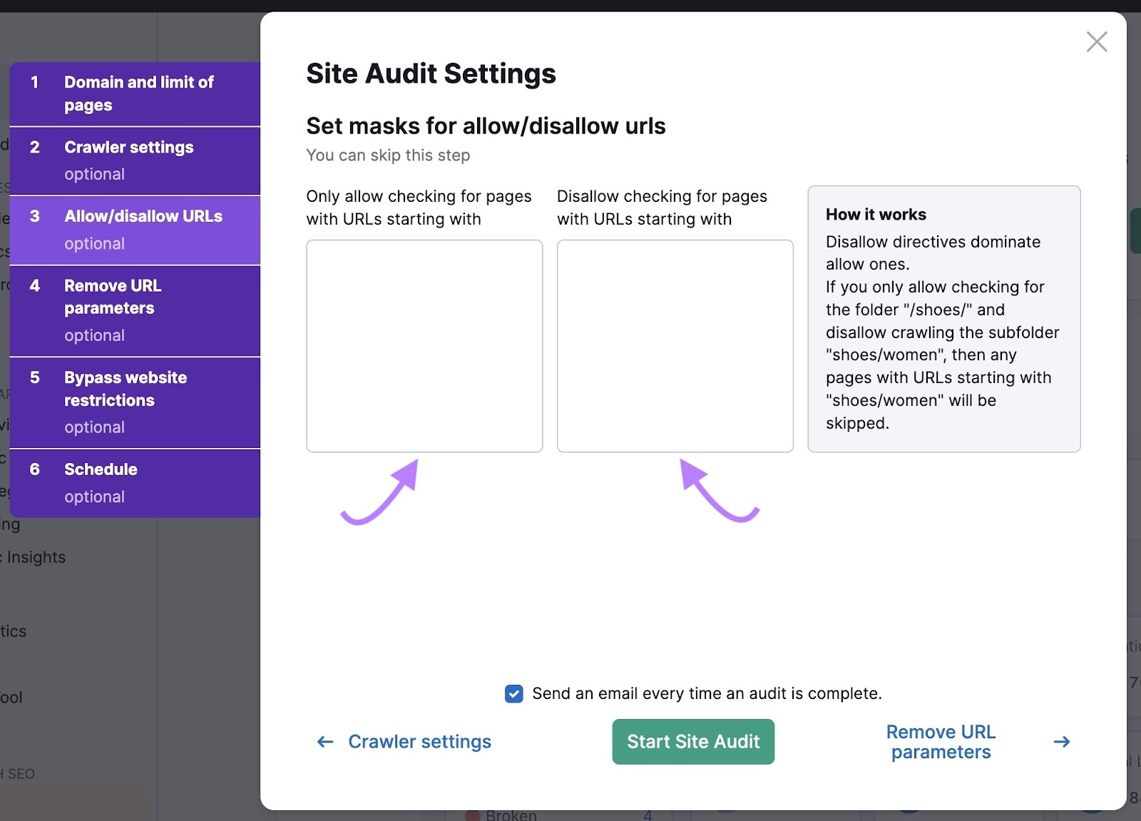 Allow/disallow URLs settings page on 现场审核 to set masks for specific URLs.