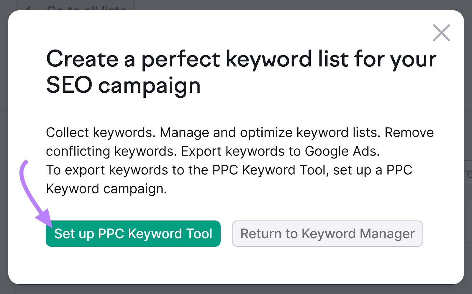 'Create a perfect keyword list for your 高级行政主任 campaign' dialogue box with '设置PPC的关键字工具' button highlighted in Semrush 关键字策略生成器