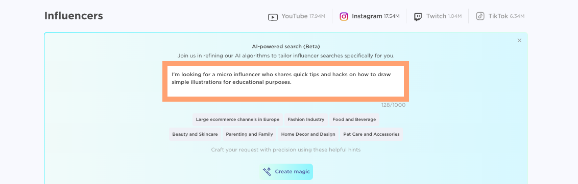 The AI search tool inside the 影响者分析 app.