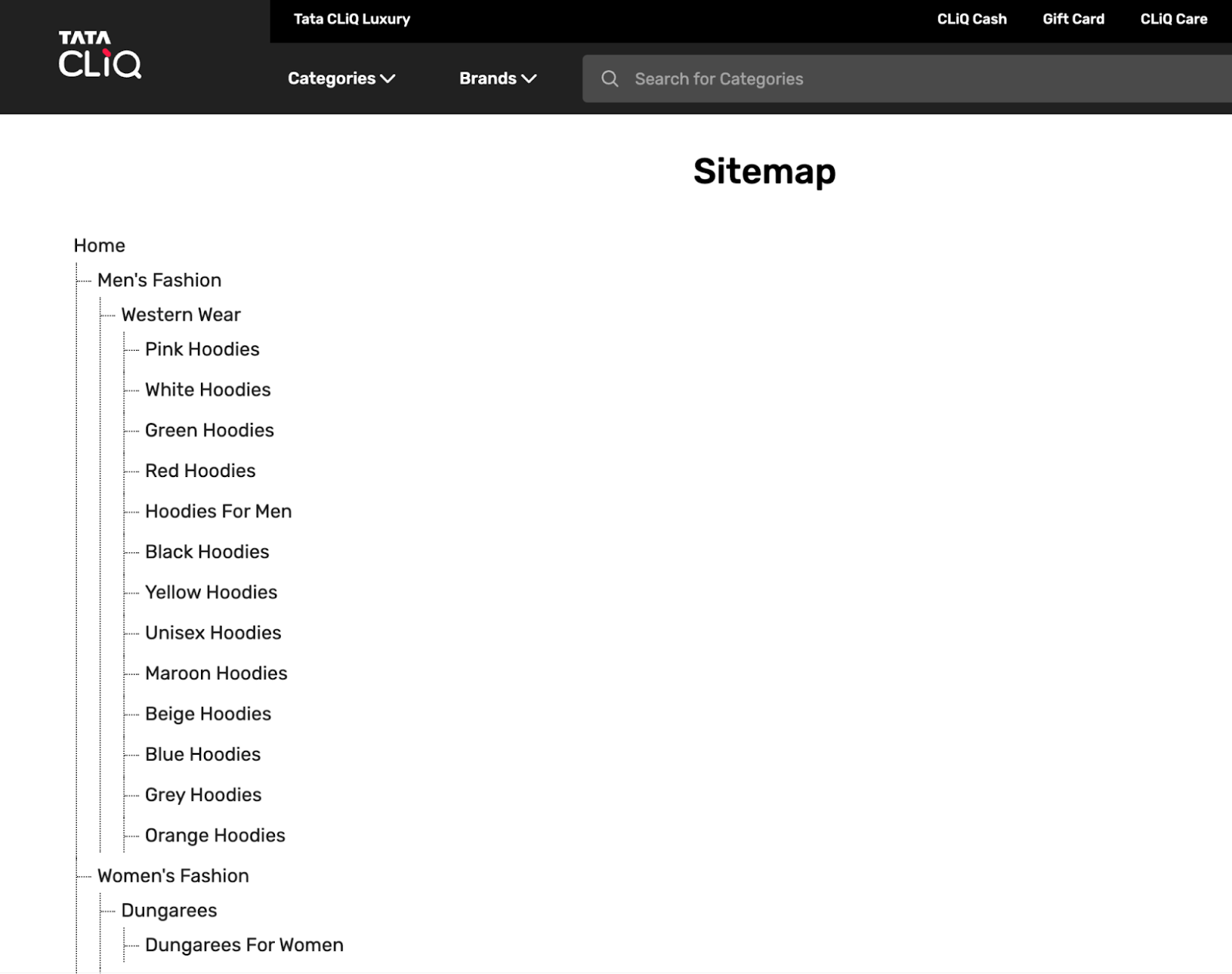 an example of an HTML站点地图 from Tata Cliq’s website