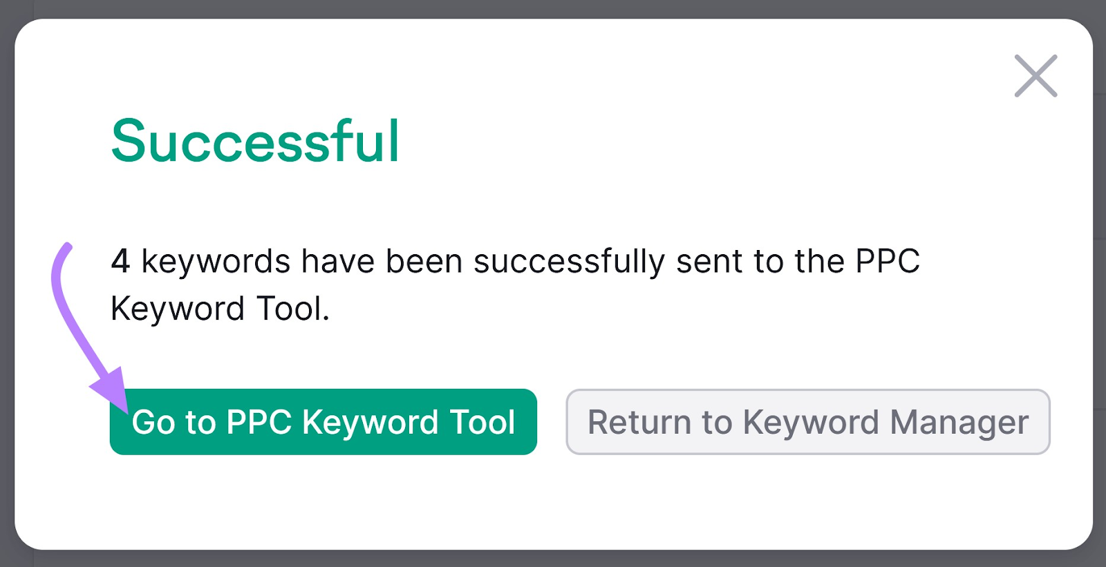 'Successful' message with '转到PPC的关键字工具' button highlighted in Semrush 关键字策略生成器
