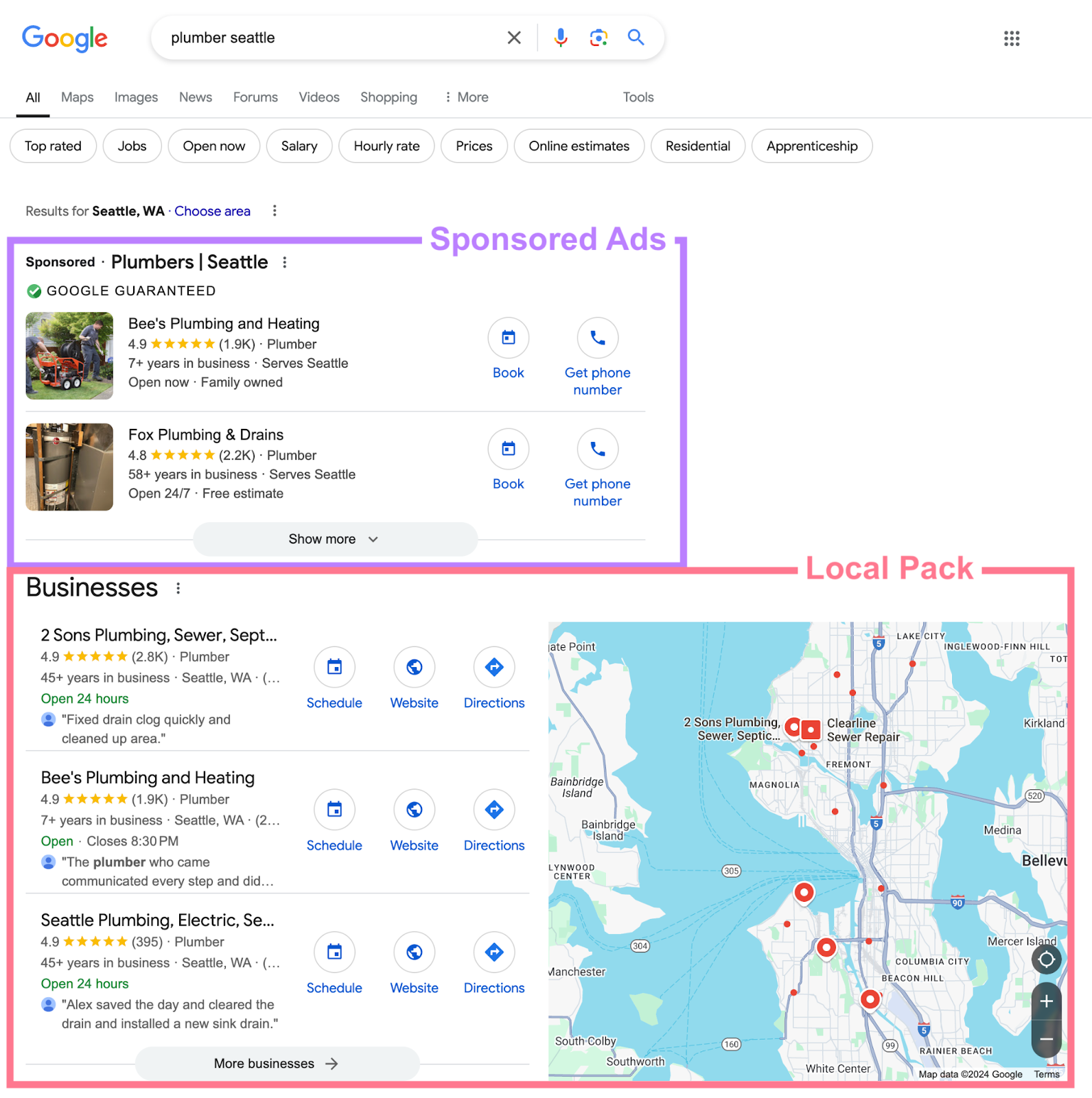 sponsored ads and the 本地包装 are labeled on a serp for a local search