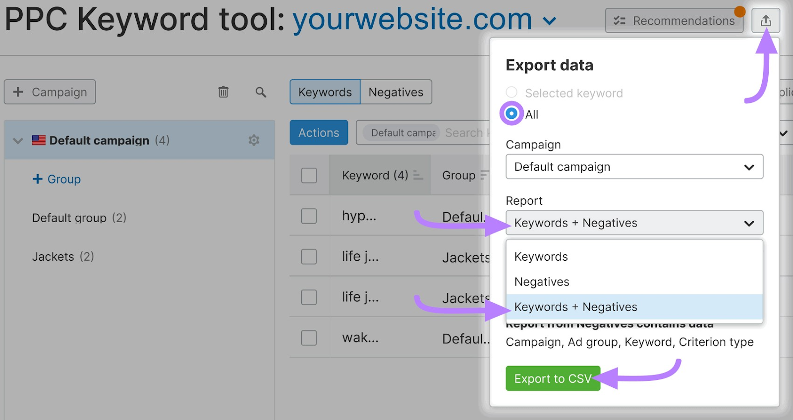 “导出数据”drop-down menu of Semrush PPC的关键字工具