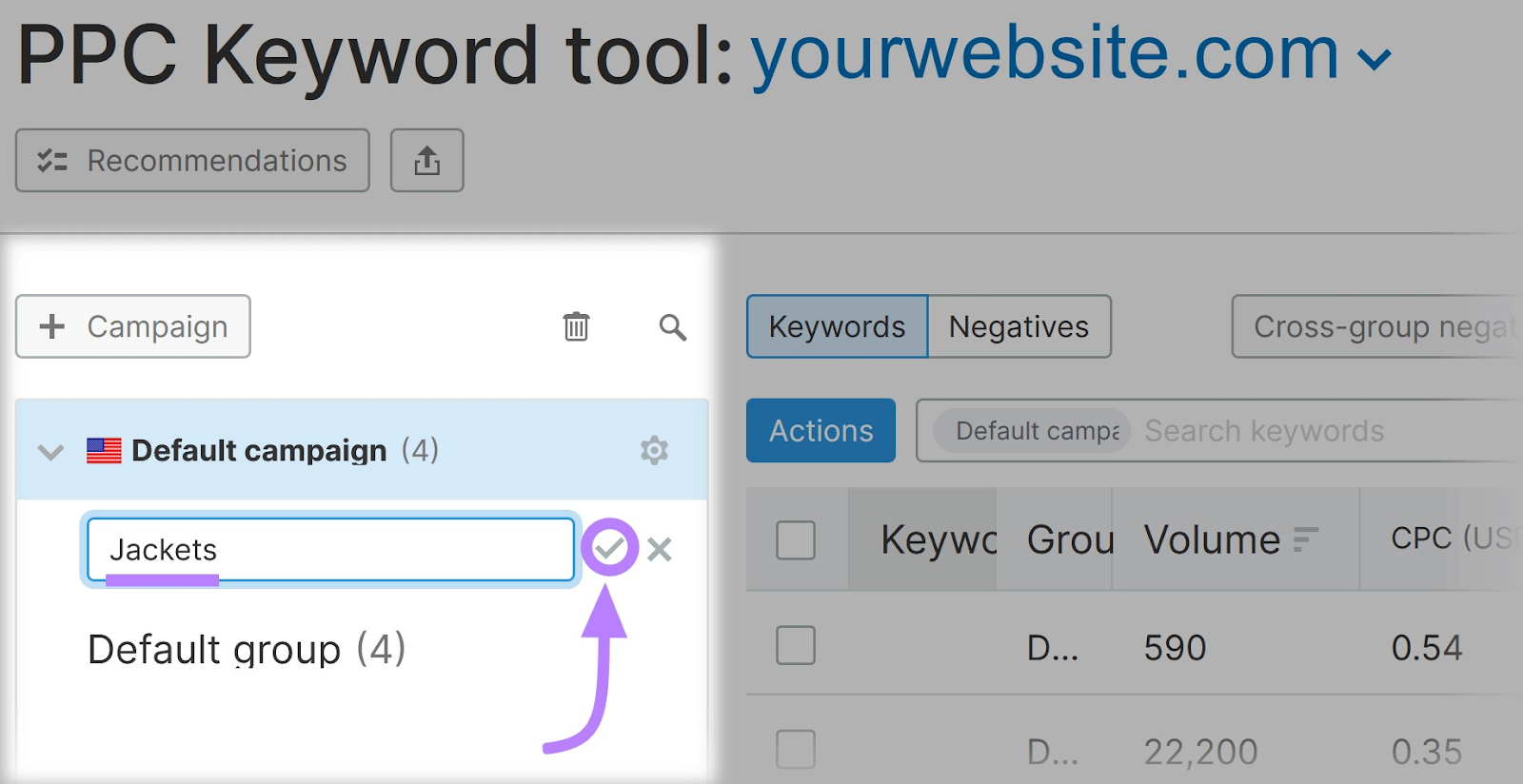 'Jackets' added as the keywords group name in Semrush PPC的关键字工具
